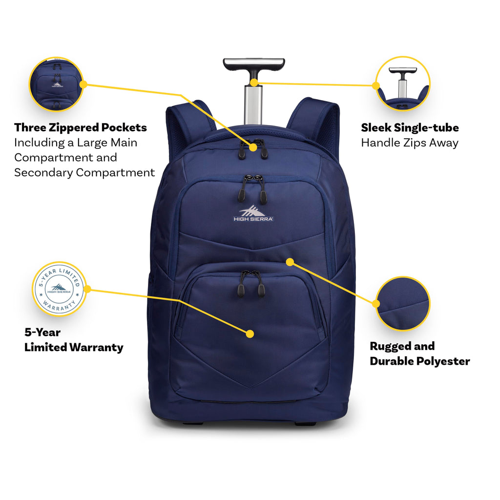 High Sierra Freewheel Pro Wheeled Laptop Backpack Bookbag for Travel or Work with Rotating Handle and Padded Laptop Sleeve, True Navy