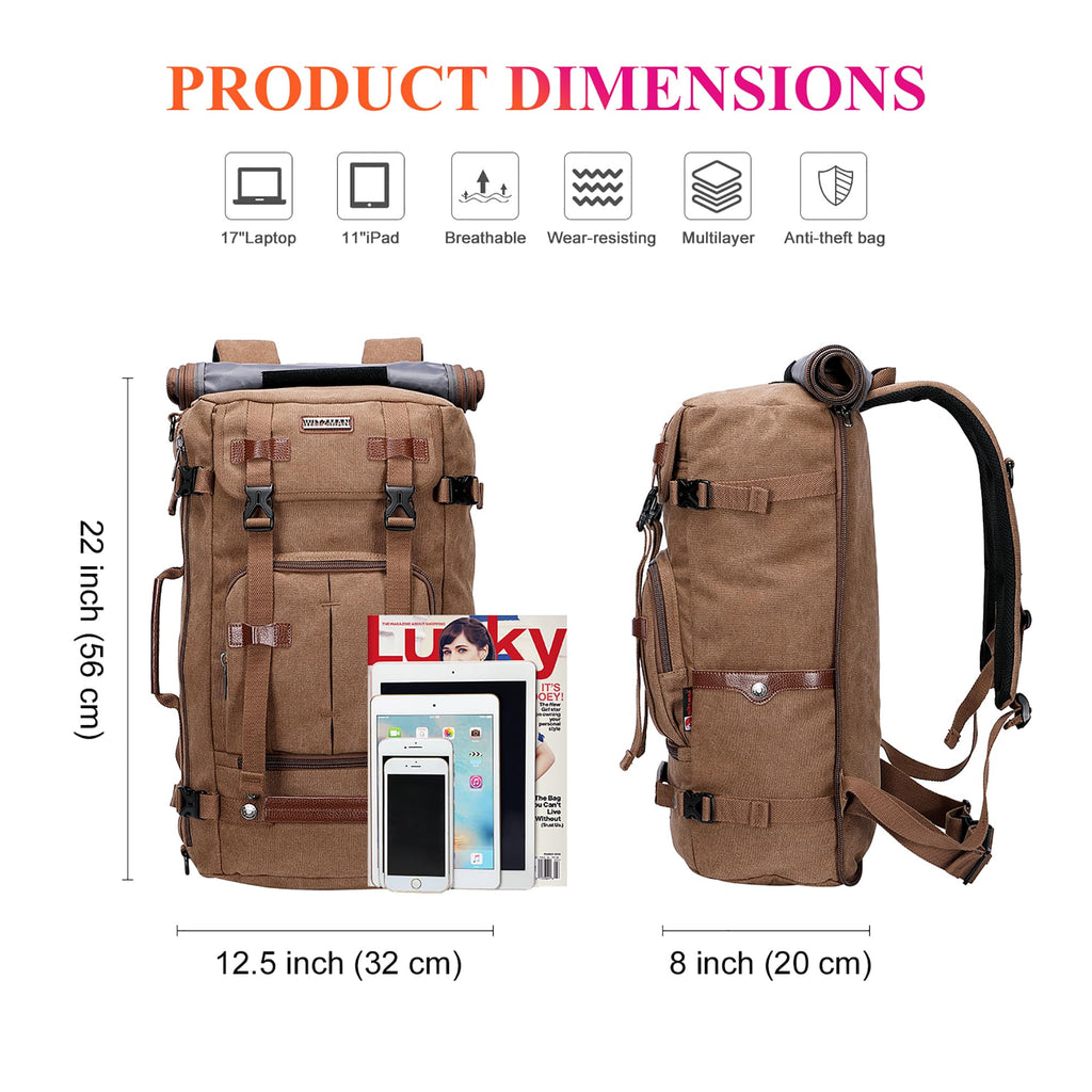 WITZMAN Canvas Backpack Vintage Travel Backpack Large Laptop Bags Convertible Shoulder Rucksack(A519-1 Brown)