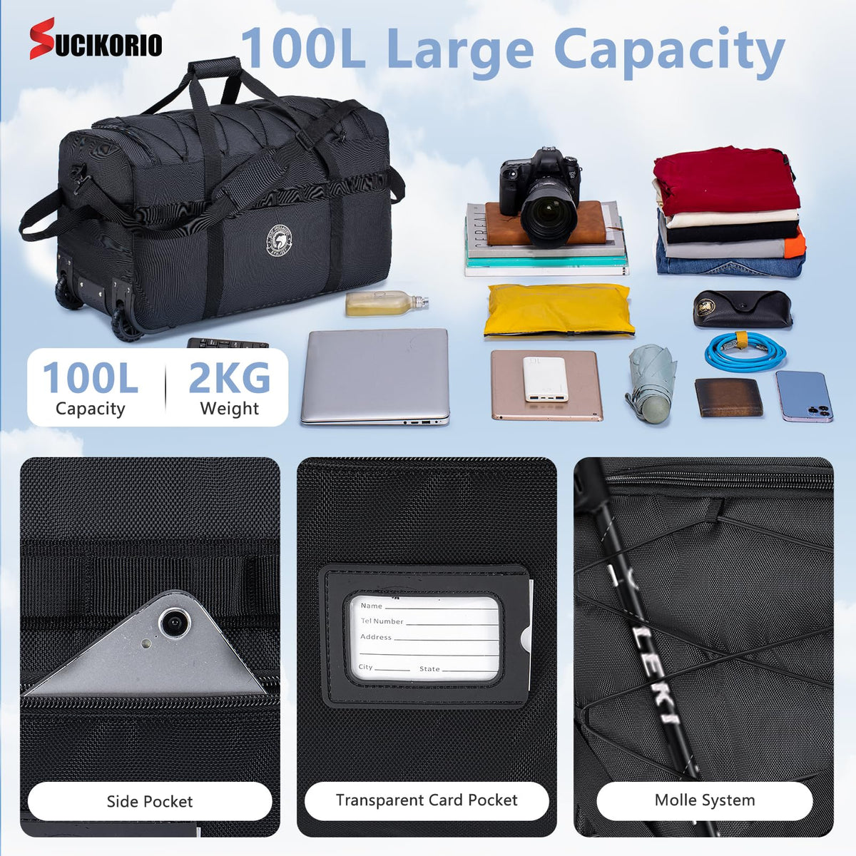 SUCIKORIO Foldable Travel Duffle Bag with Wheels and Handle Large 100L XL Rolling Travelling Duffel Bags Waterproof Oxford Carry On Hand Luggage Deployment Bag With Storage Bag & Combination Padlock