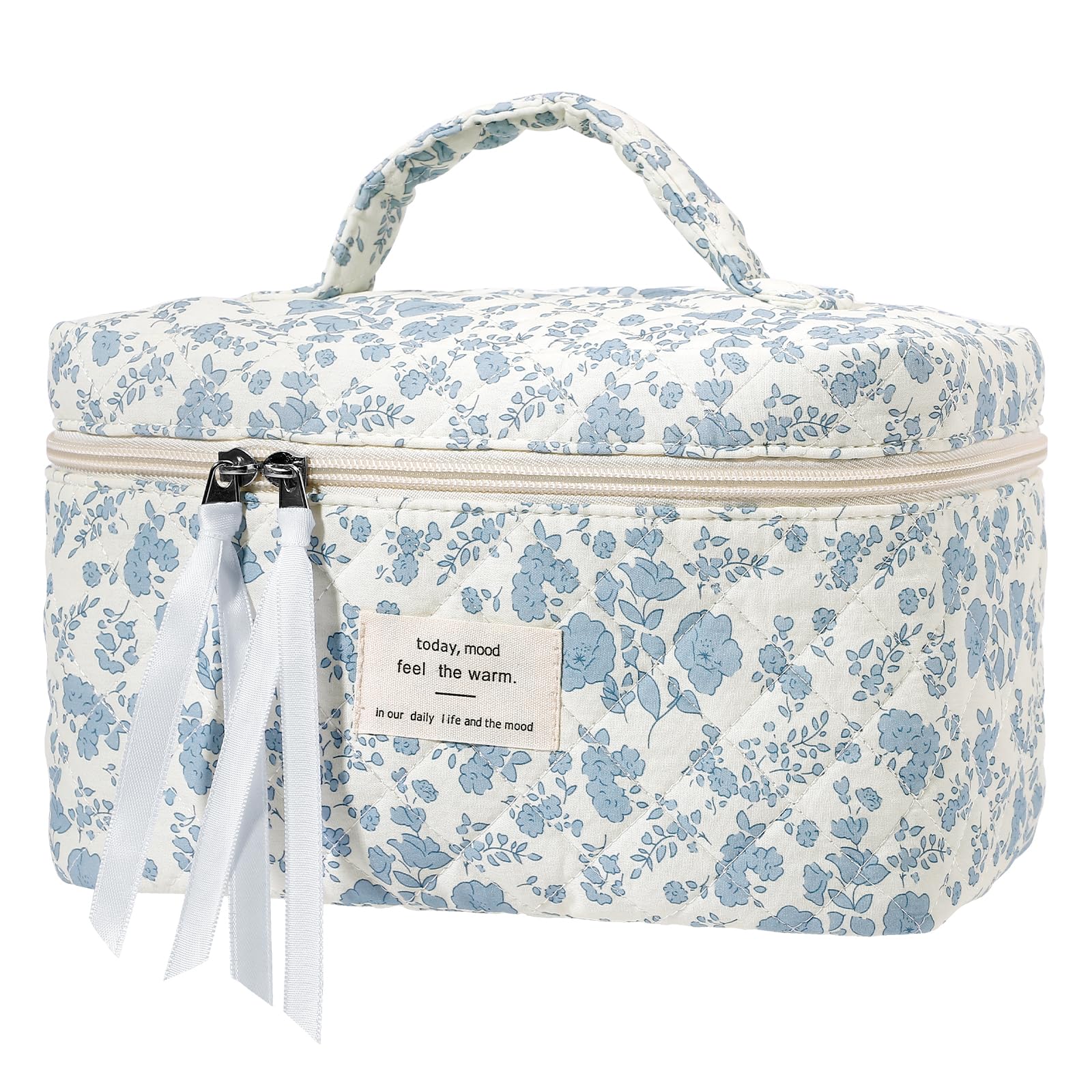 senbowe Large Quilted Makeup Bag, Cotton Floral Cosmetic Bag for Women, Cute Coquette Aesthetic Makeup Bag Toiletry Bag, Travel Make Up Organizer Bag with Zipper and Ribbon