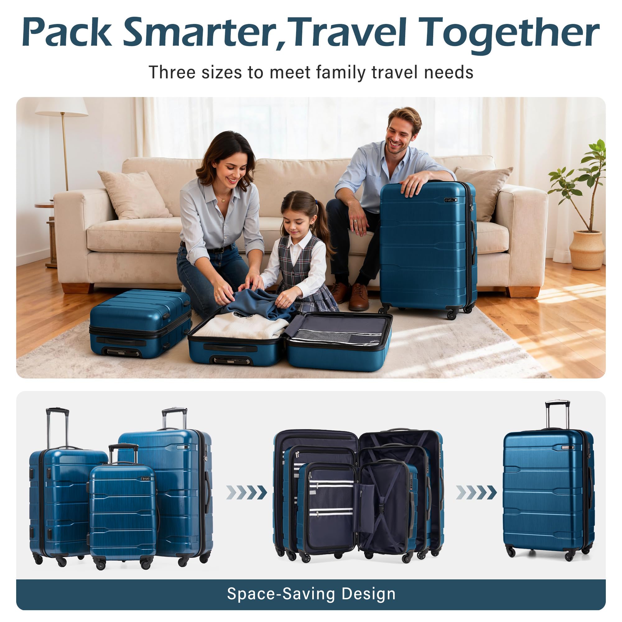 Coolife Luggage Set 3 Piece Hardside PC+ABS Suitcase with TSA Lock, Expandable Large Checked Luggage, Lightweight Rolling Carry On with Spinner Wheels(20/24/28 Inch, Caribbean Blue)