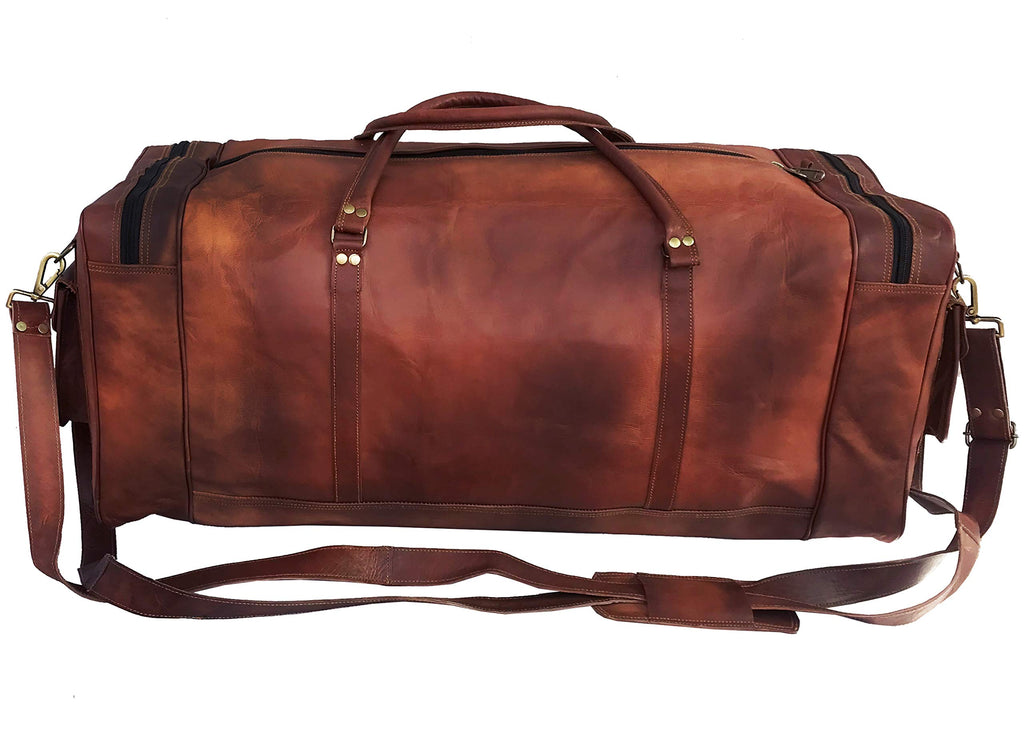 KK's 30 Inch Real Goat Vintage Leather Large Travel Duffel Luggage Handmade, Gym, Hiking vintage brown Holdall Carry All Genuine Duffel Bag, Size 30" Inch