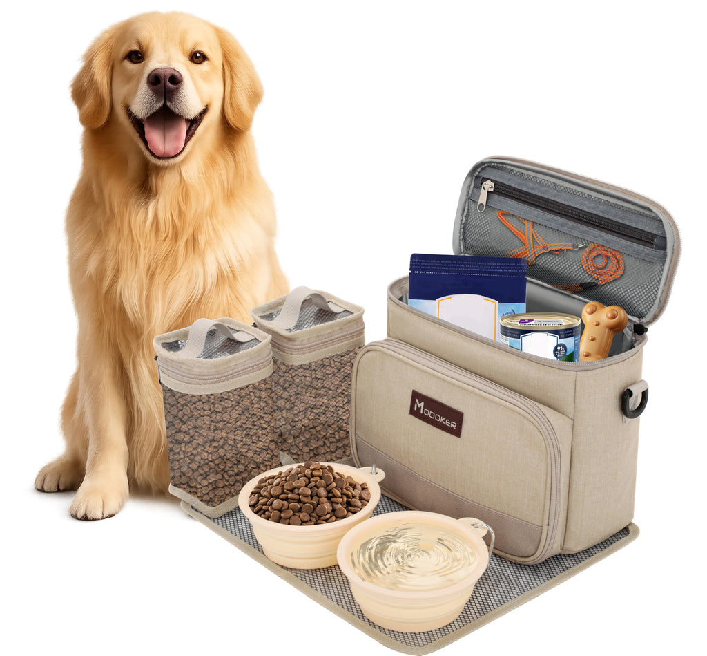 Modoker Dog Travel Bag Organizer for Supplies with 2 Food Containers, 2 Collapsible Bowls & Feeding Mat, Airline Approved Dog Travel Accessories Duffel Bag for Weekend Trips, Camping & Beach, Beige