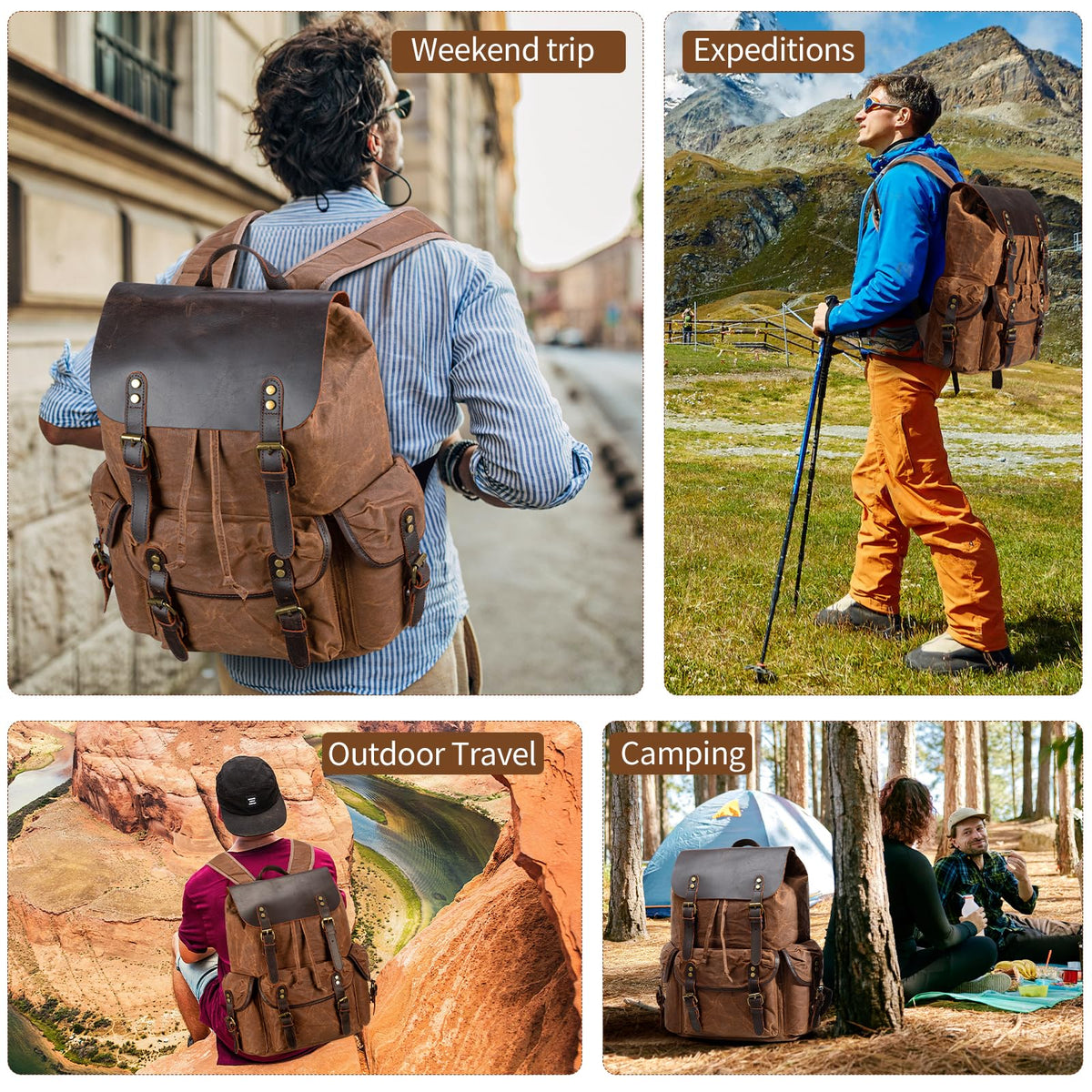 Yamons Genuine Leather Backpack for Men, Waxed Canvas Backpack Shoulder Rucksack with Toiletry Vintage Backpack for Travel,Camping, Hiking(Coffee)