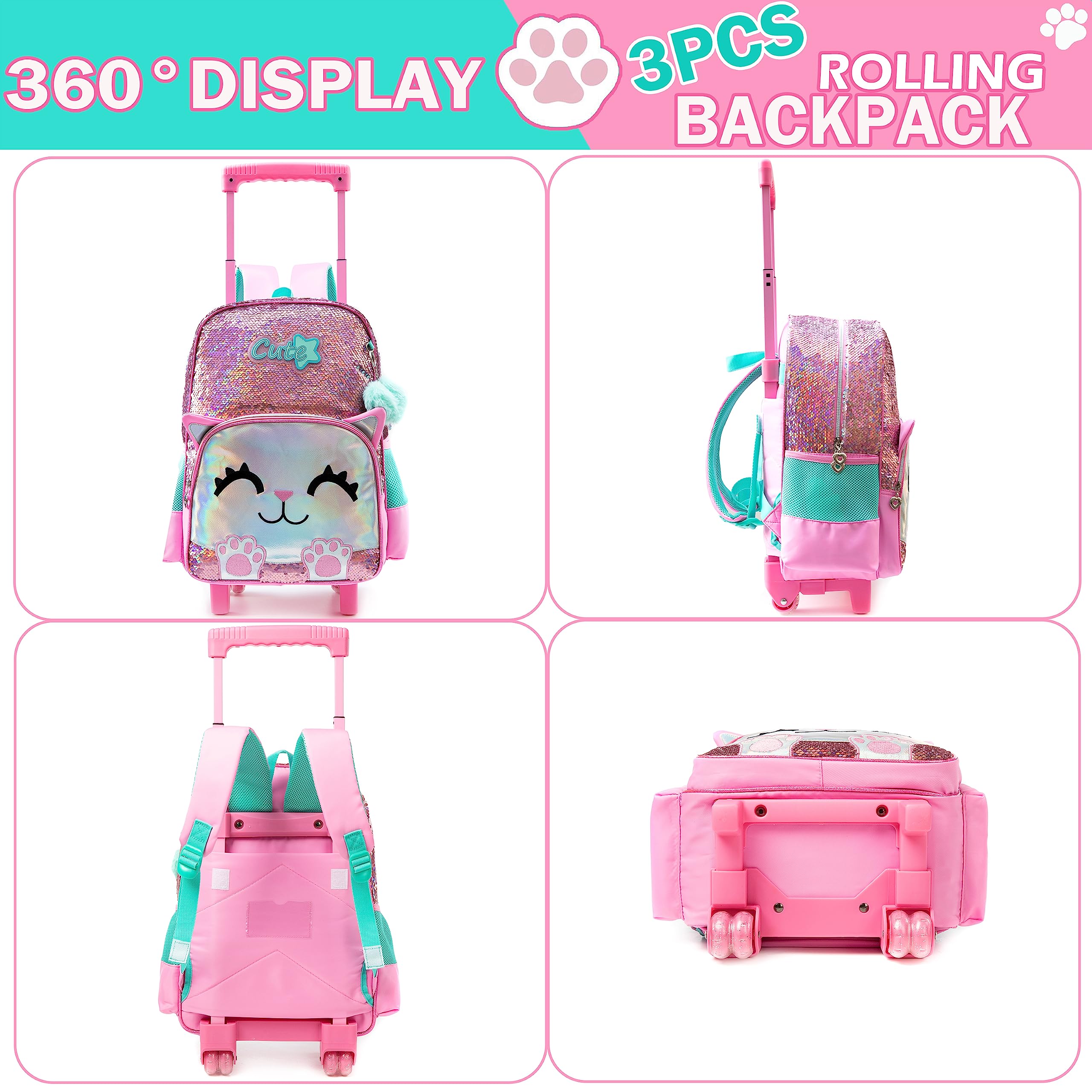 Meetbelify Cute Cat Rolling Backpack for Girls, Pink, 17"X11.8"X6.7", with Laptop Sleeve, Lunch Box, Pencil Case, and Pendant