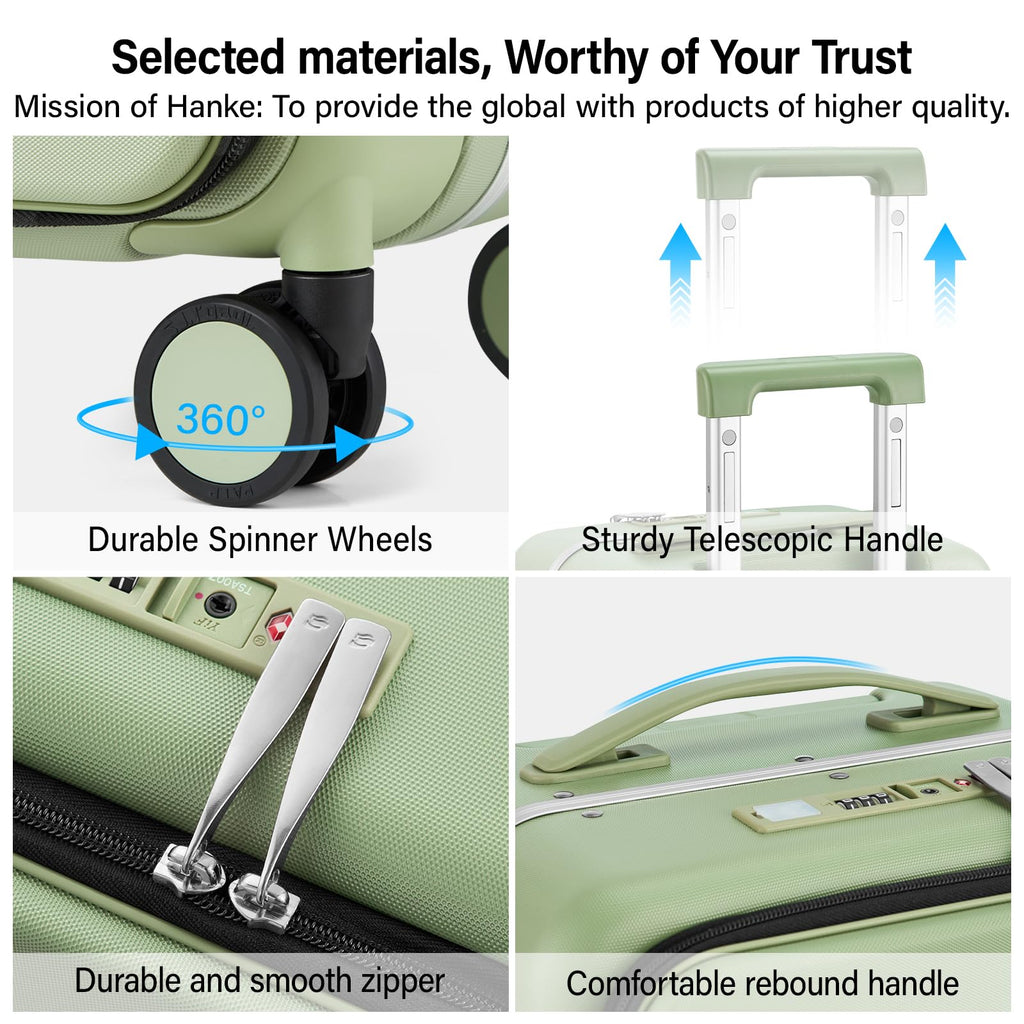 Hanke 24 Inch Luggage with Cup Holder and Charge,Top Opening Hard Shell Suitcases with Wheels and Dividers,Aluminum Frame Trunk Luggage Medium Checked Suitcase with Lock for Travel，Bamboo Green