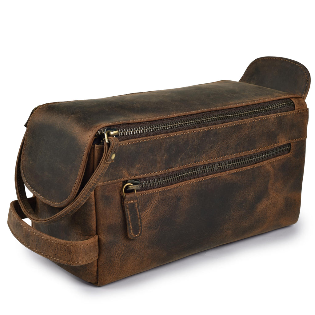 LEATHER VILLAGE Genuine Leather Travel Toiletry Bag - Water-Resistant Dopp Kit for Toiletries, Large Shaving Bag & Bathroom Organizer - Gift for Men & Women - Rustic Brown