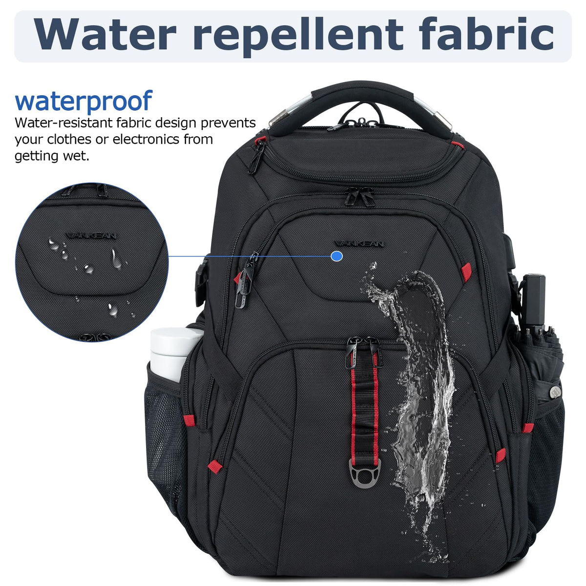 VANKEAN 17.3'' Travel Laptop Backpack TSA Friendly, Water Resistant Anti Theft Extra Large College Backpacks with RFID Pockets, USB Port for Men Women Business Work Bag, Black