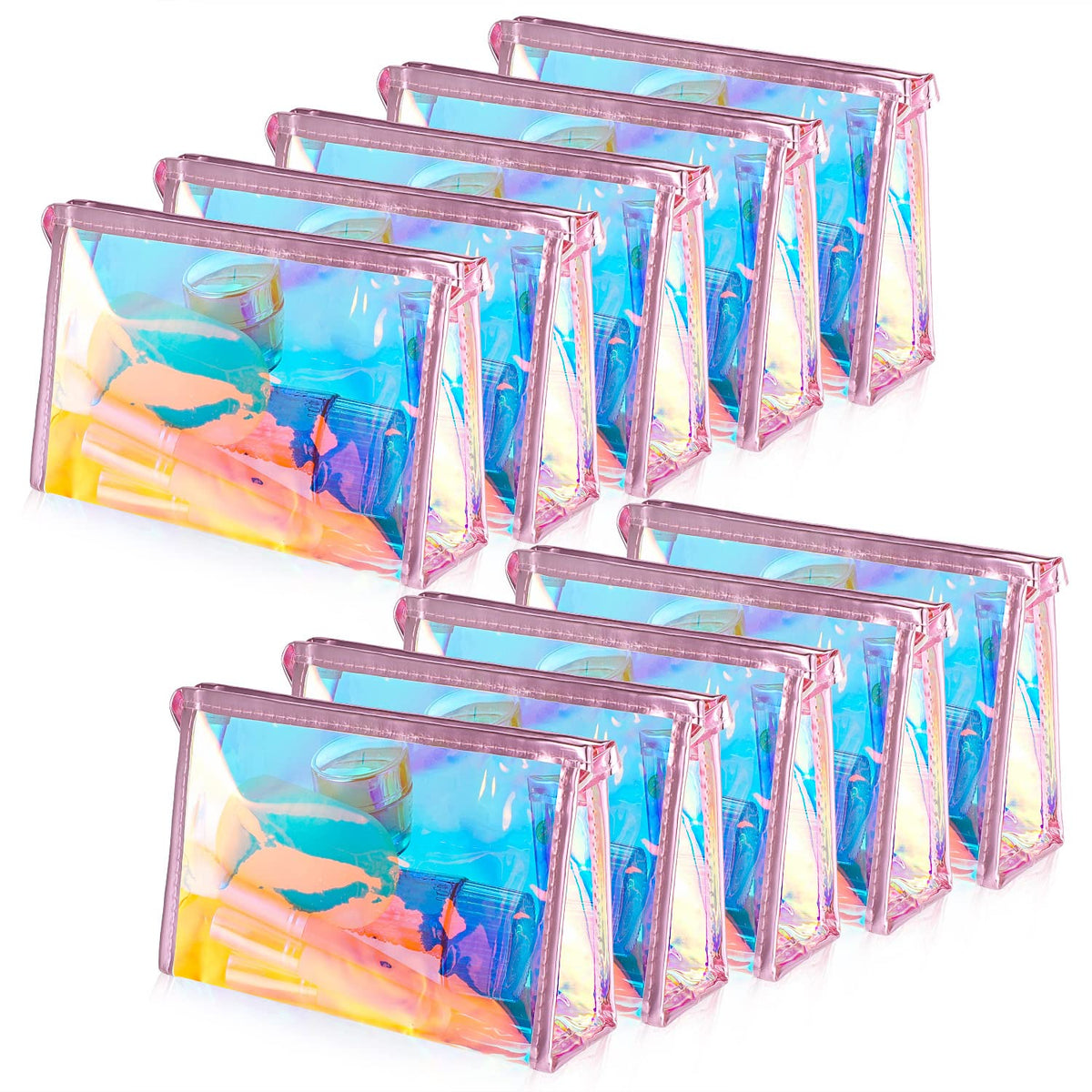BESARME 10 Pcs Holographic Makeup Bags, Clear PVC Travel Toiletry Bag Iridescent Pouch Portable Zippered Waterproof Cosmetic Bag SPA Bathroom Vacation Party Favors Bachelorette Gifts Mothers Day Gifts