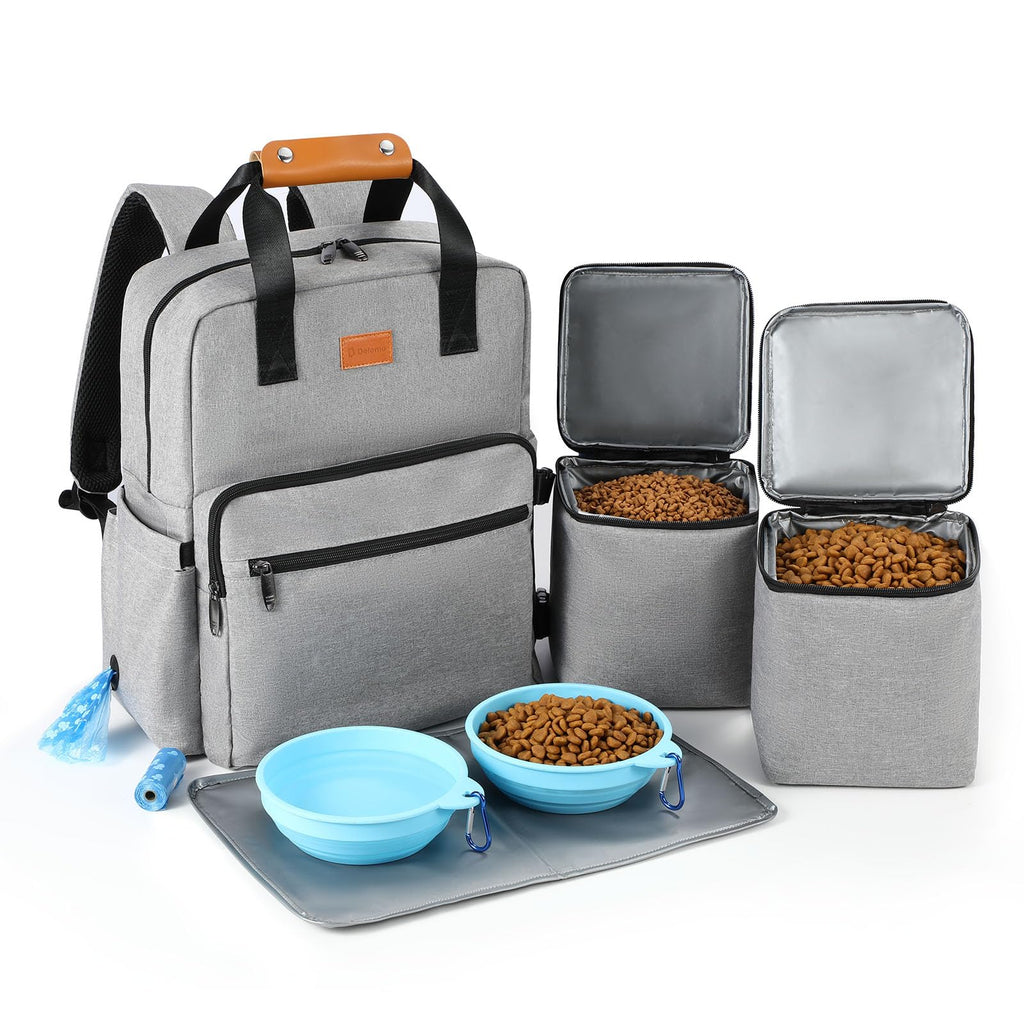 Dog Travel Bag All-in-One Set: DELOMO 25L Airline Approved Dog Travel Backpack with 2 Food Containers + 2 Collapsible Bowls + 1 Waterproof Mat for Weekend to Week-Long Pet Travel, Camping, Road Trips