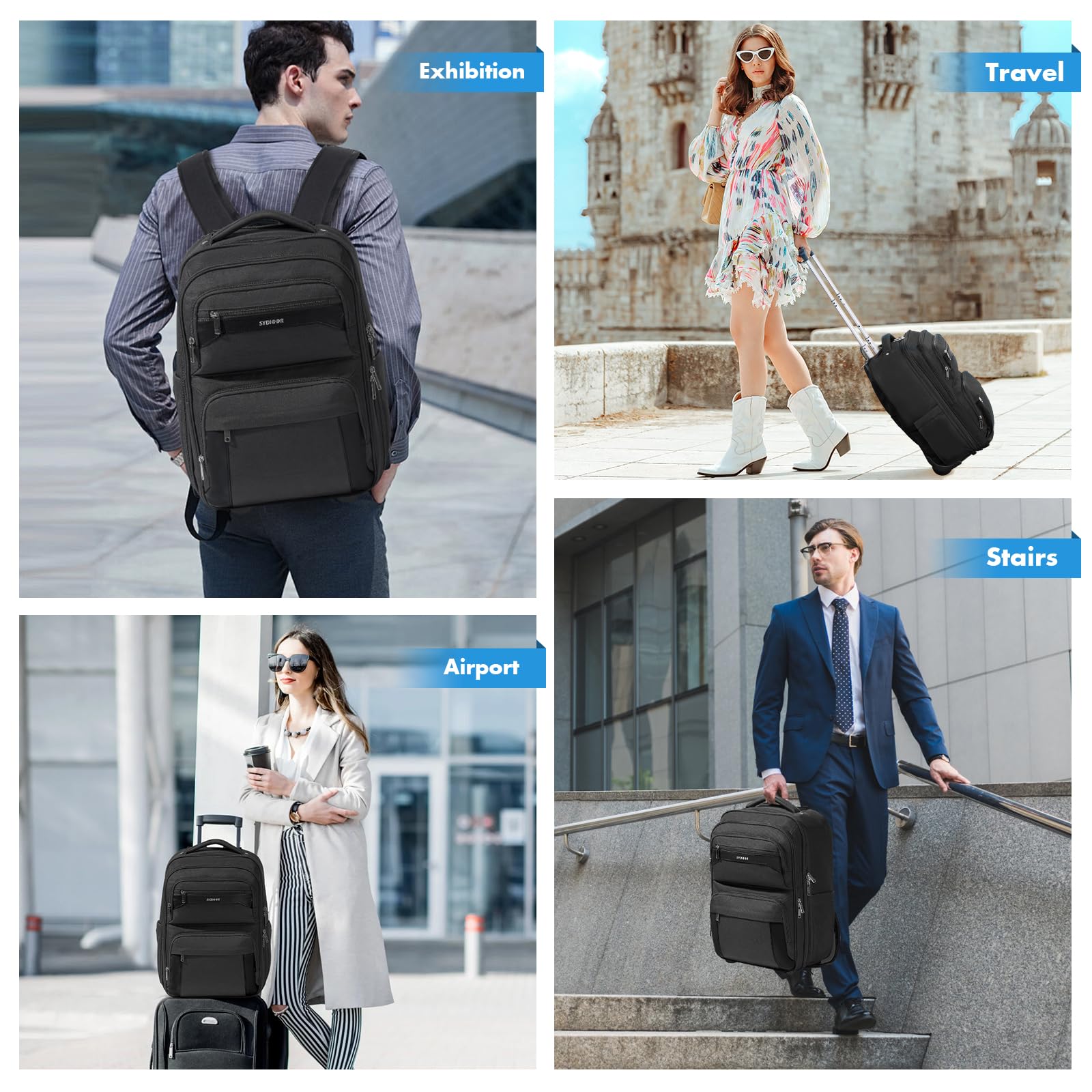 Sydioor Rolling Backpack, 17.7inch Rolling Backpack With Wheels for Adults, Roller Carry On Luggage Wheeled Backpack, Rolling Laptop Backpack for Men Women to Travel Business, Black