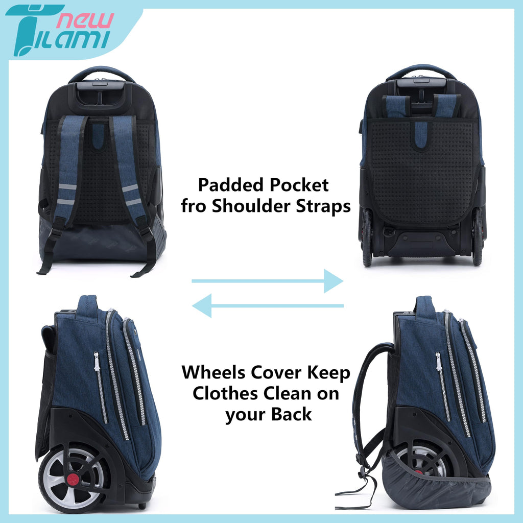 NEW TILAMI 19 inch Rolling Backpack Teens Rolling Backpack Cute Wheeled Laptop Backpack Bookbag Roller Travel Bag College, Navy Blue