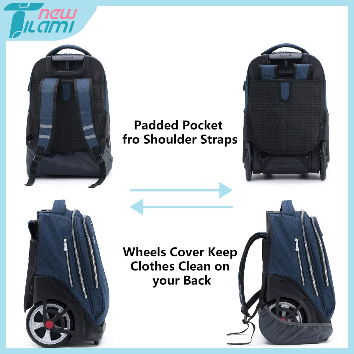 NEW TILAMI 19 inch Rolling Backpack Teens Rolling Backpack Cute Wheeled Laptop Backpack Bookbag Roller Travel Bag College, Navy Blue