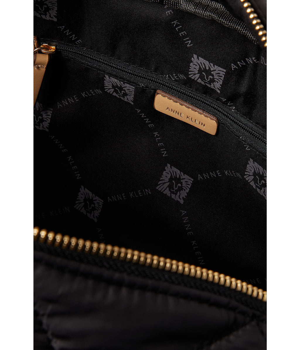 Anne Klein Quilted Nylon Duffle, Black/Warm Sand/Black-White Webbing