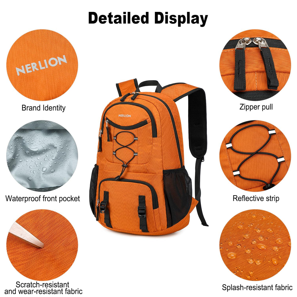 Nerlion Lightweight Foldable 35L Hiking Backpack Travel Backpack for Men Women Camping Waterproof Outdoor Hiking Daypack Backpack Orange