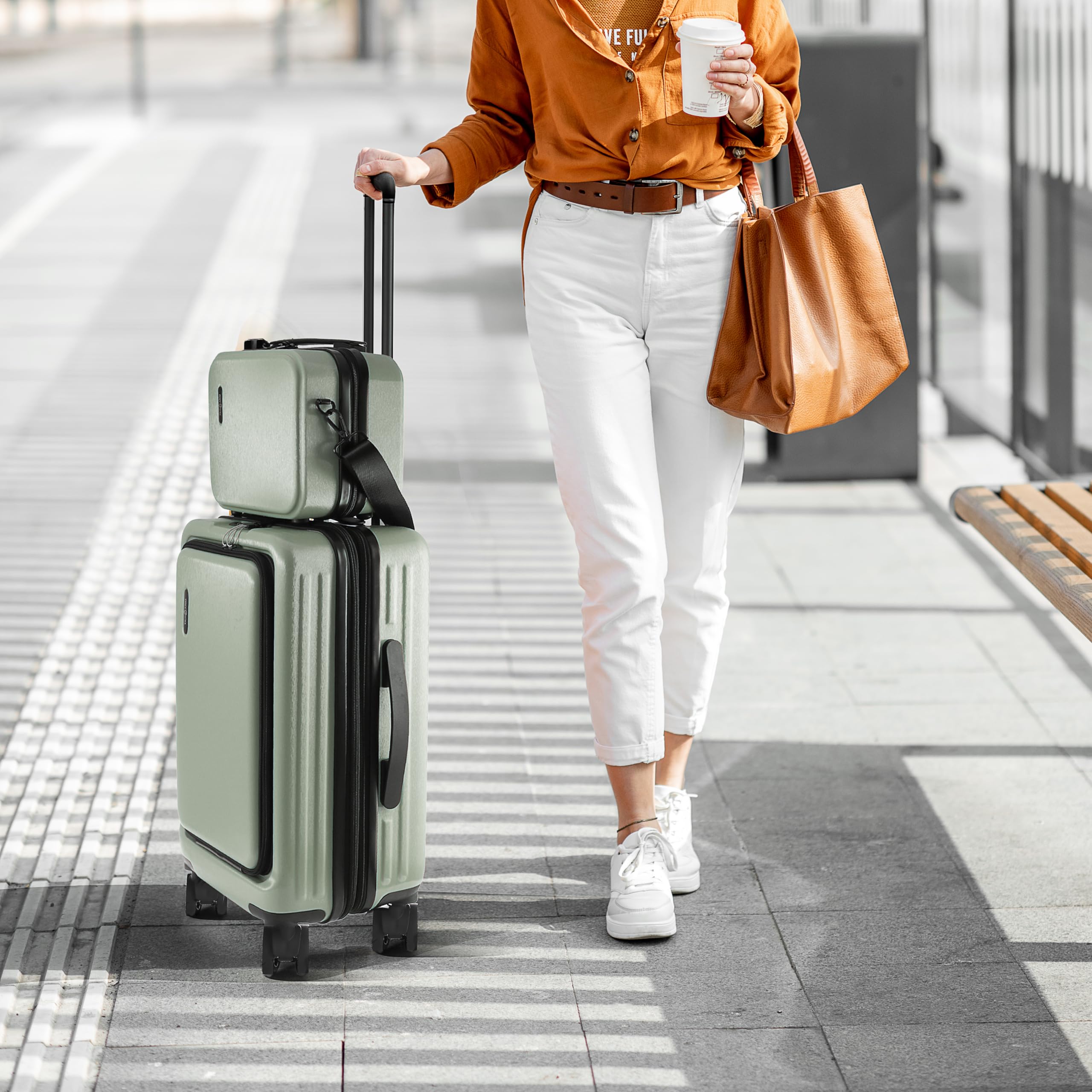 TRAVELARIM 20 Inch Carry On Luggage 22x14x9 Airline Approved, Carry On Suitcase with Wheels, Hard-shell Carry-on Luggage, Durable Luggage Carry-On, Sage Green Small Suitcase with Cosmetic Case