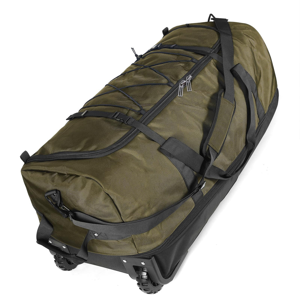 Vrtisa 110L Expandable to 140L 32” Foldable Oxford Soft-Sided Rolling Duffle Bag with 2 Heavy-Duty Wheels,3 Large Compartments,Adjustable Shoulder Strap and Attached Organizer Pouch,Green