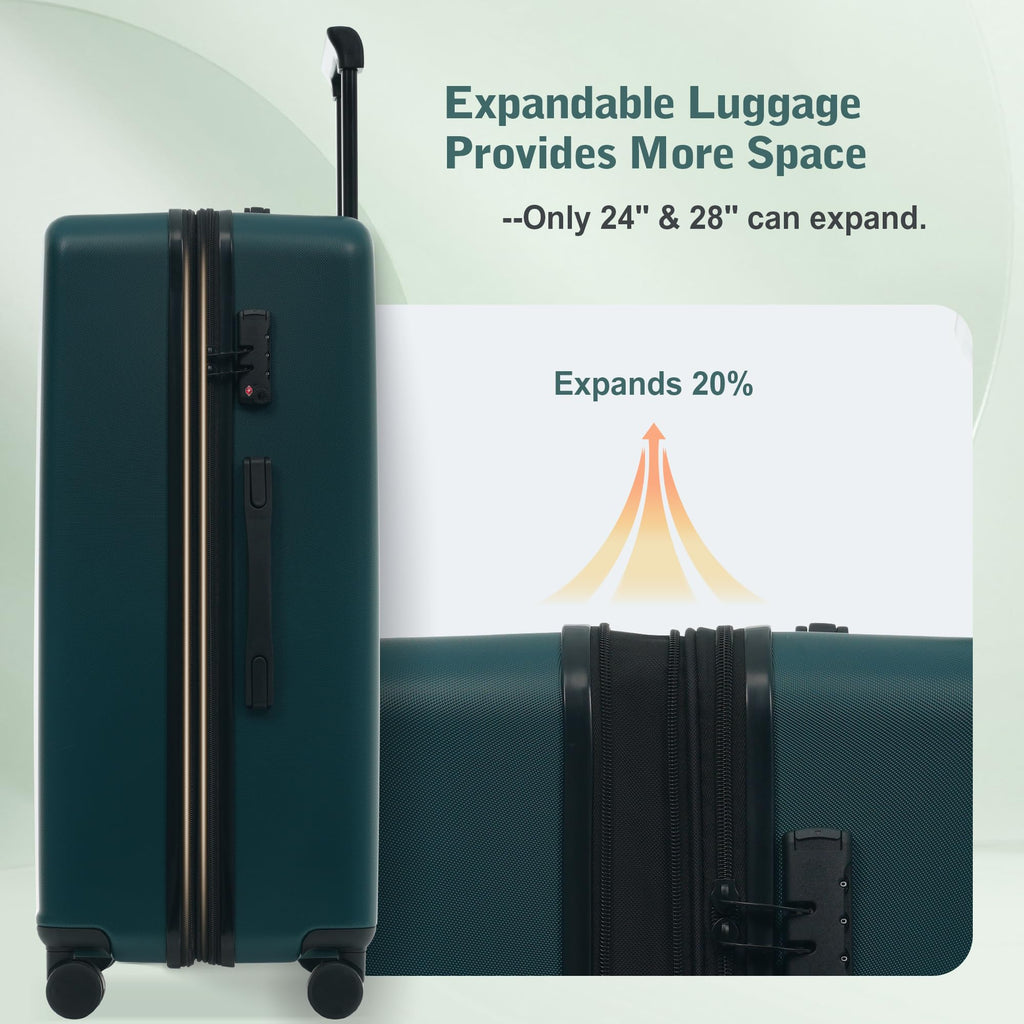 Merax Luggage Sets 5 Piece,Front Open Hardshell Expandable Suitcase with Spinner Wheels and Duffel Bags,Lightweight Carry on Luggage with USB Port,20/24/28IN,Dark Green