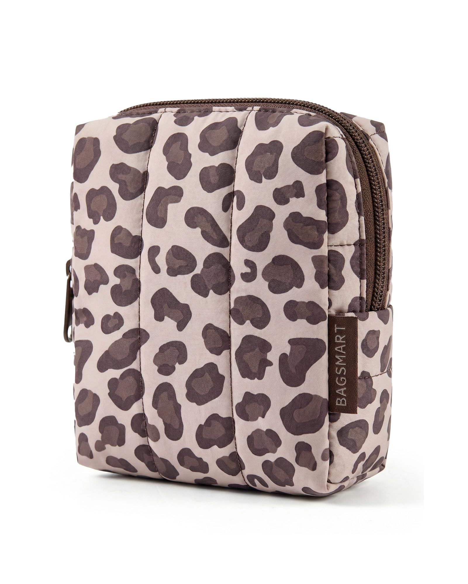 BAGSMART Small Travel Makeup Bag for Purse Toiletry Pouch, Puffy Padded Mini Cosmetics Bag, Cute Make Up Pouch for Women with Slip-in Pocket, Travel Essentials for Toiletries, Leopard