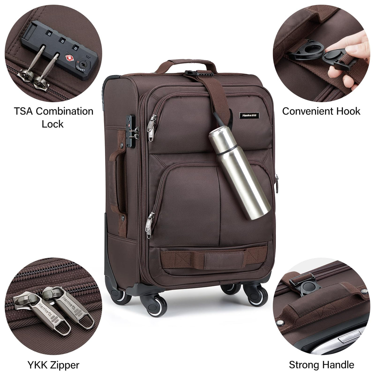 Hanke 3 Piece luggage Sets Softside Expandable luggage with Spinner Wheels TSA Lock,Travel Lightweight Luggage Sets,Coffee