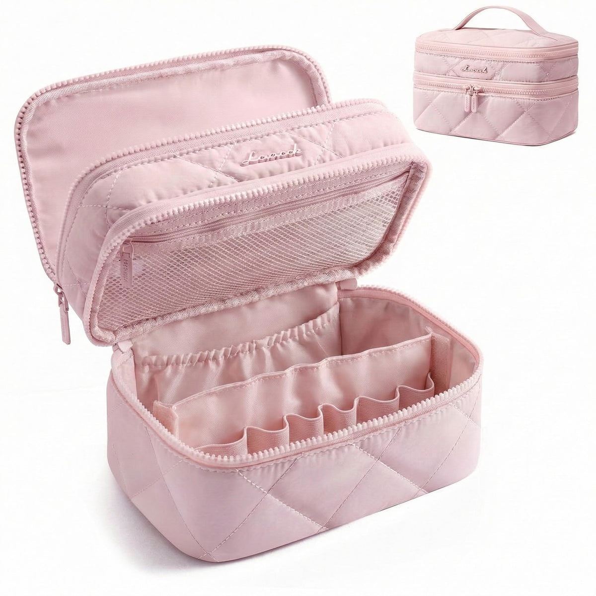 LOVEVOOK Travel Makeup Bag,Large Open Flat Tolietry Bag for Women,Waterproof Portable Cosmetic Pouch,Double Layer Quilted Makeup Bag Organizer With Handle,Travel Essentials,Gift for Her