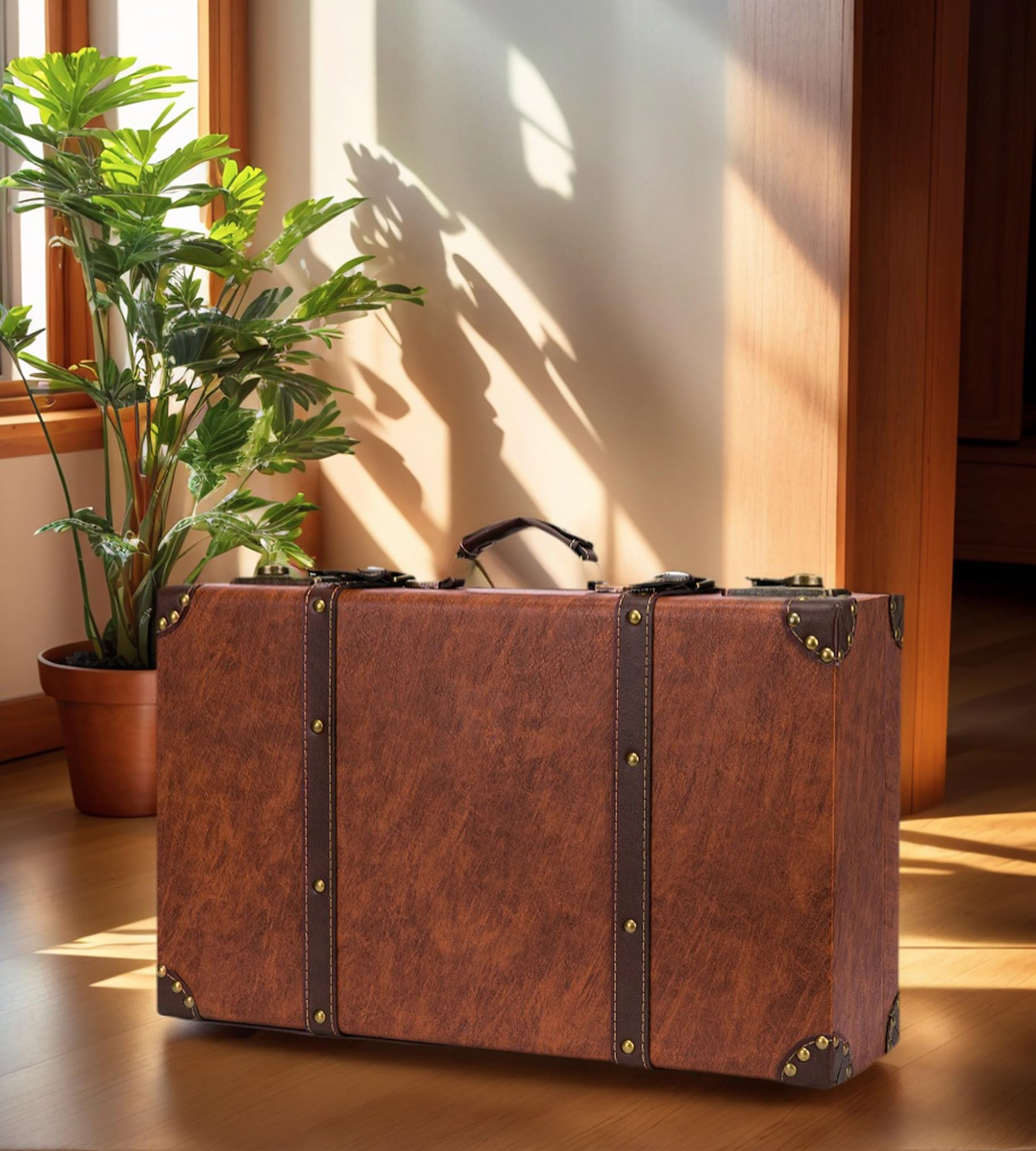 feilario Vintage Leather Storage Trunk Small Portable DecorativeLuggage Suitcase Movie Prop Luggage-2 Size Option, Brown (Brown, S)