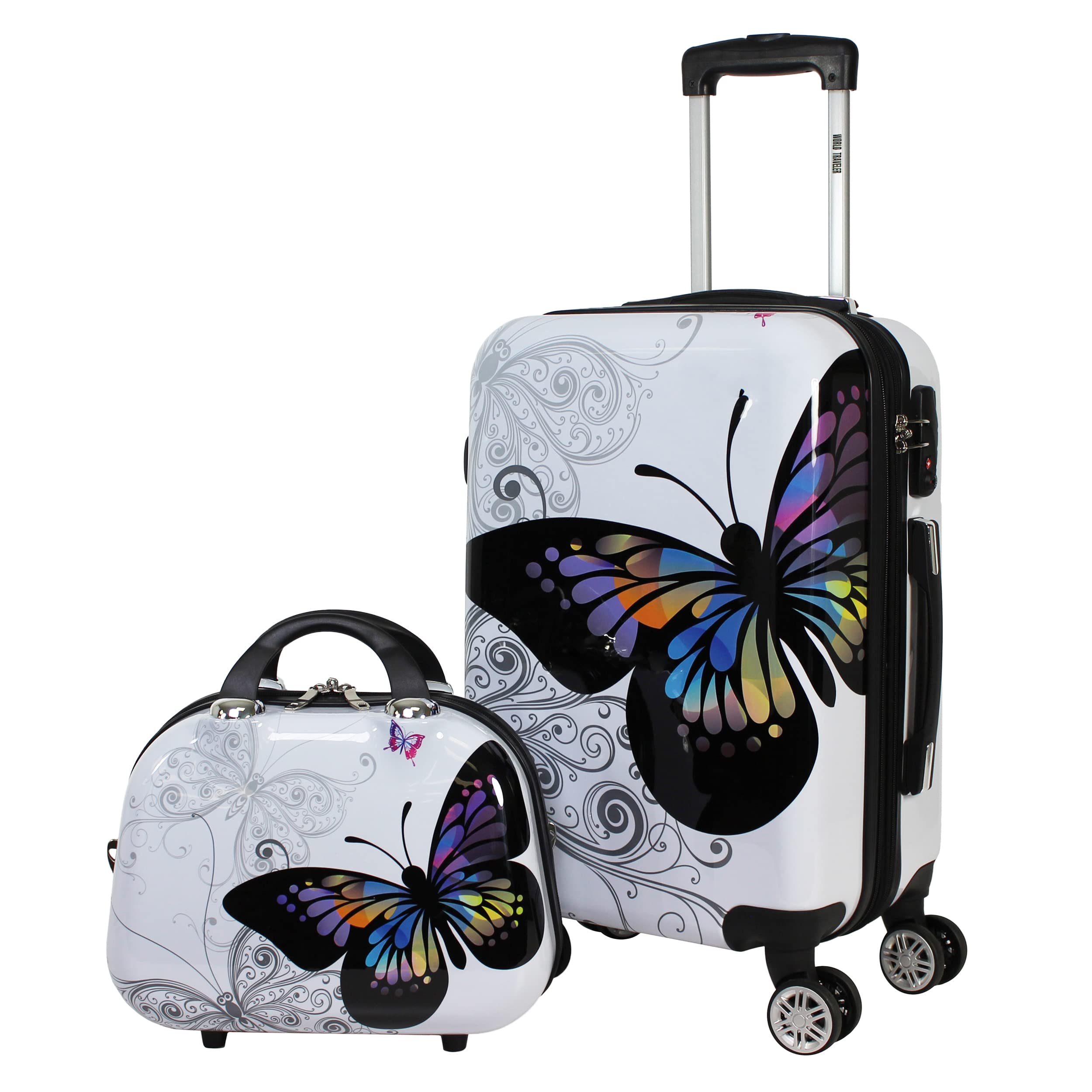 World Traveler VentureX Airline Approved 2-Piece Carry-On Luggage Set – Lightweight Hardside Polycarbonate Suitcase with Spinner Wheels - Butterfly