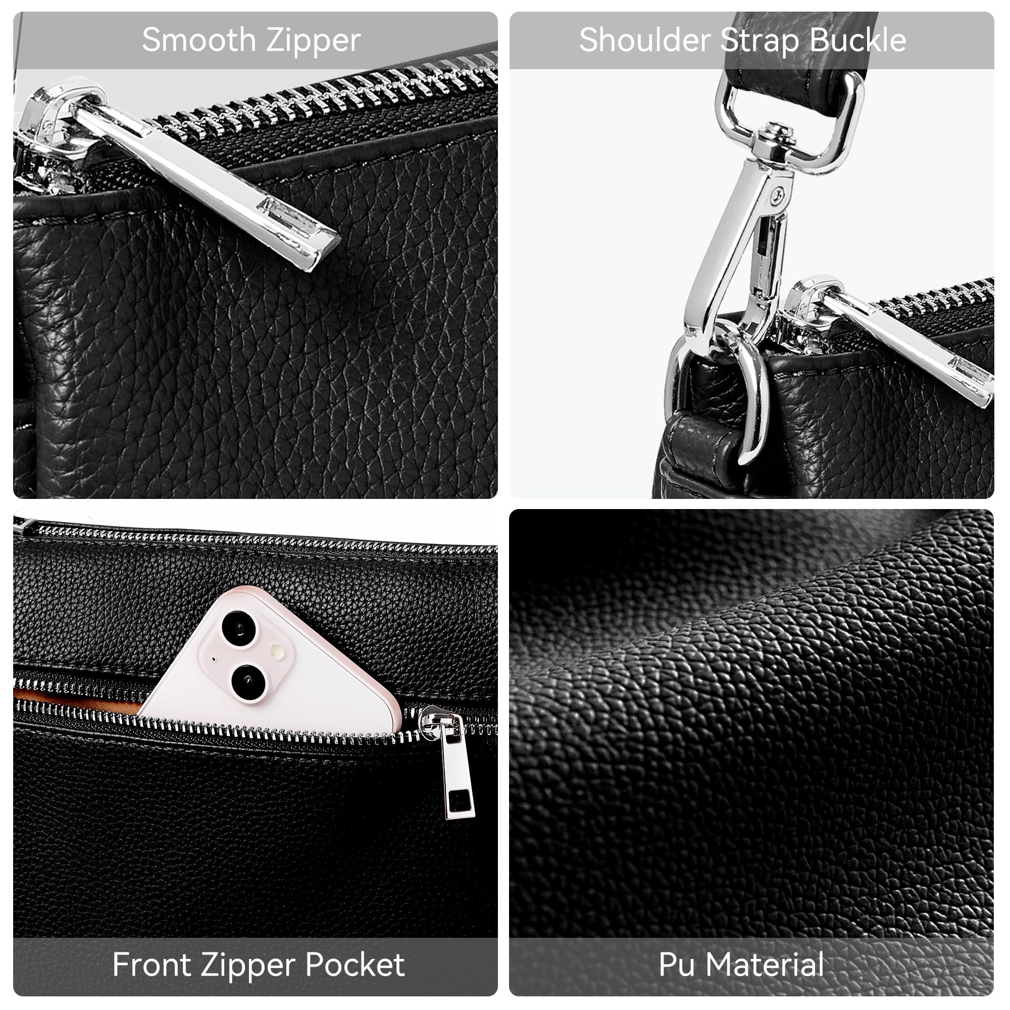 KALIDI Crossbody Bag Vegan Leather Casual Zipper Work Bag Weekender Hobo for Women shoulder Travel Dating Black