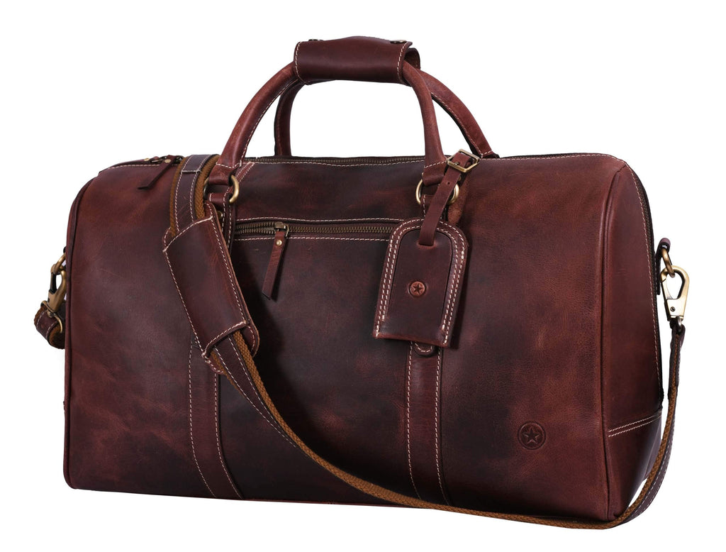 Aaron Leather Duffle Bag for Men & Women, 30L Travel Overnight Weekender Garment Duffel Bags, Carry On Mens Weekend Bag for Business, Traveling, Luggage Bag - Walnut