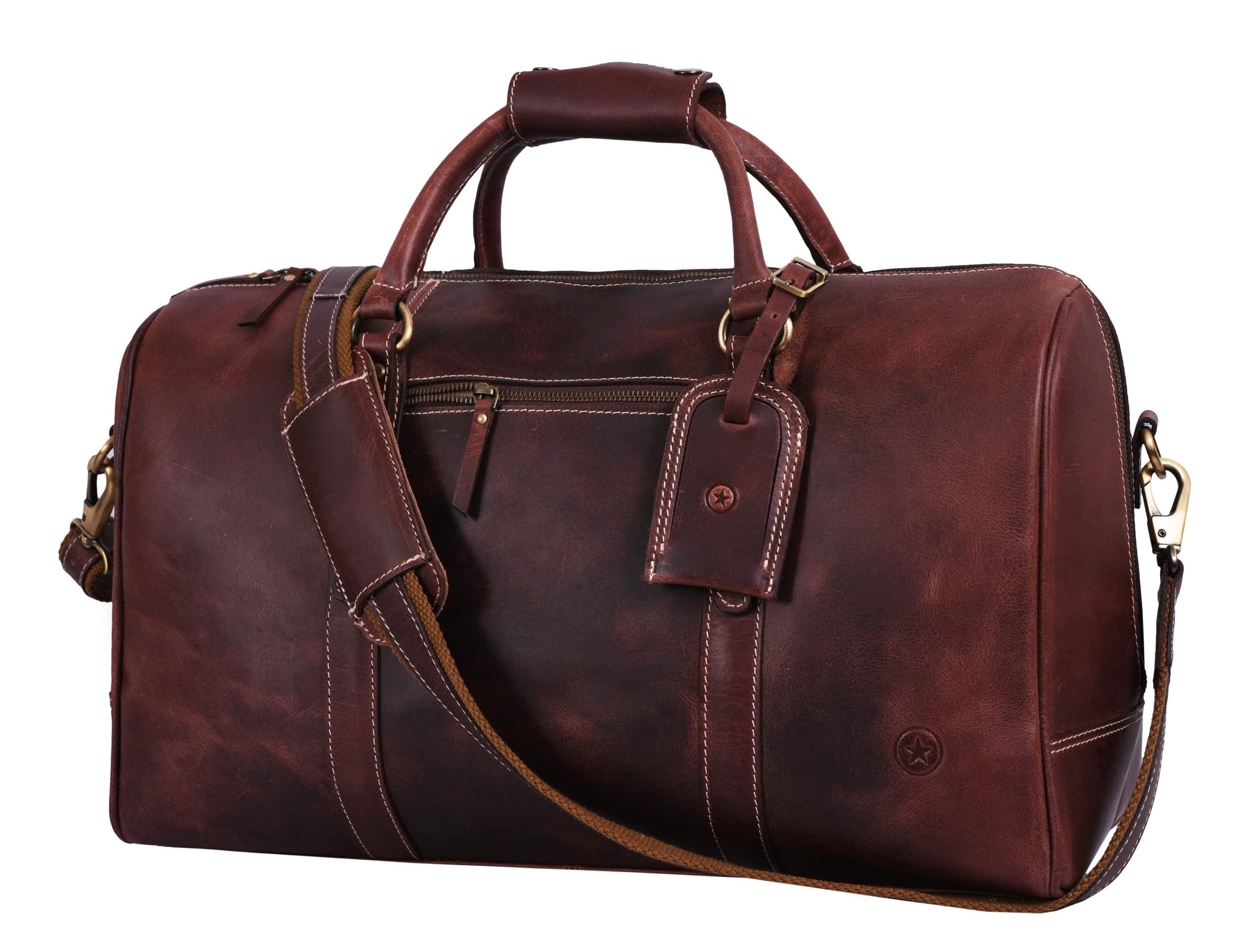 Aaron Leather Duffle Bag for Men & Women, 30L Travel Overnight Weekender Garment Duffel Bags, Carry On Mens Weekend Bag for Business, Traveling, Luggage Bag - Walnut
