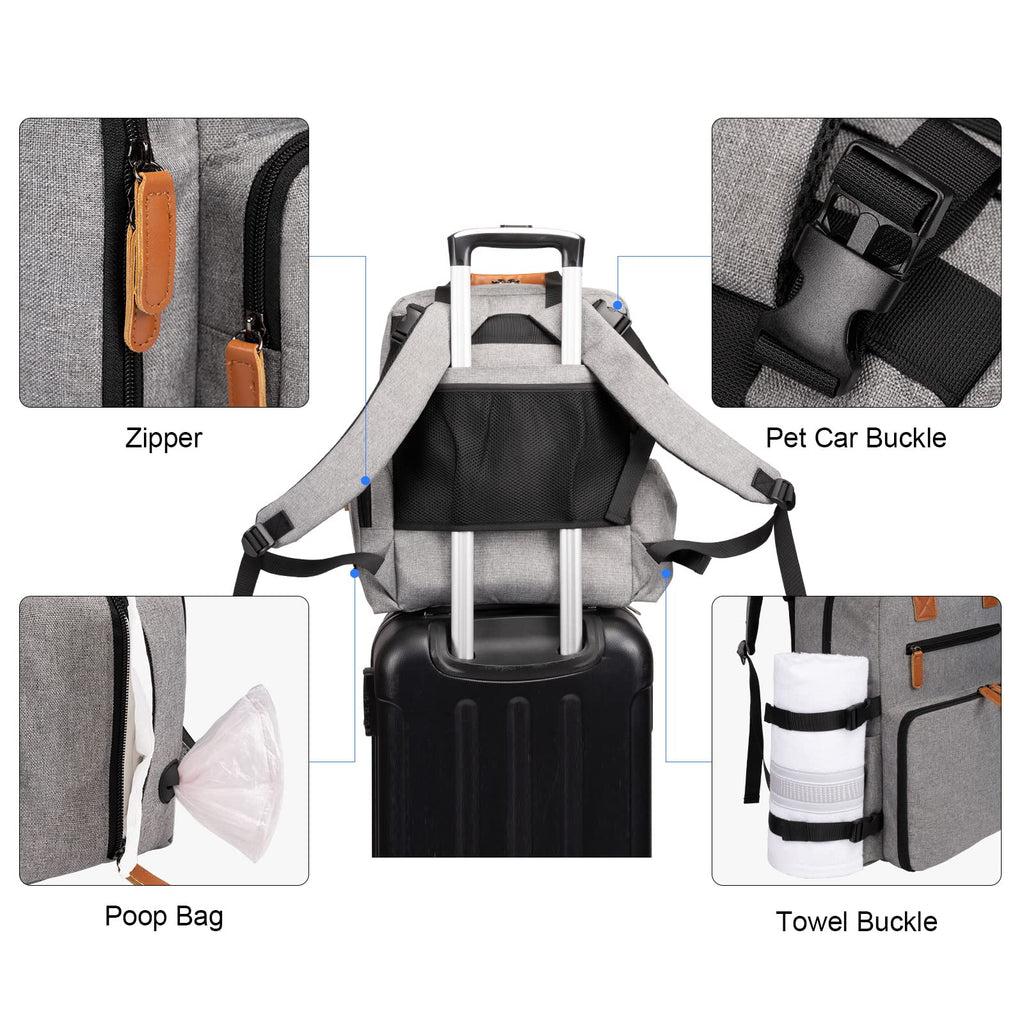 Modoker Dog Travel Bag, Airline Approved Backpack for Pet Accessories Organizer, Tote Weekend Bag with 2 Food Storage Containers, 2 Collapsible Dog Bowls, 1 Pet Mat, Grey