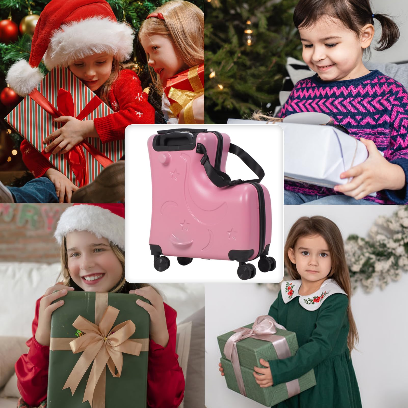 Wufuuoa 20 Inch Kids Carry-On Trolley, Pink Suitcase with Wheels Impact Resistant Rolling Children Travel Luggage with Seat and Safety Belt Small Suitcase for Unisex Boys Girls ABS+PC (Pink)