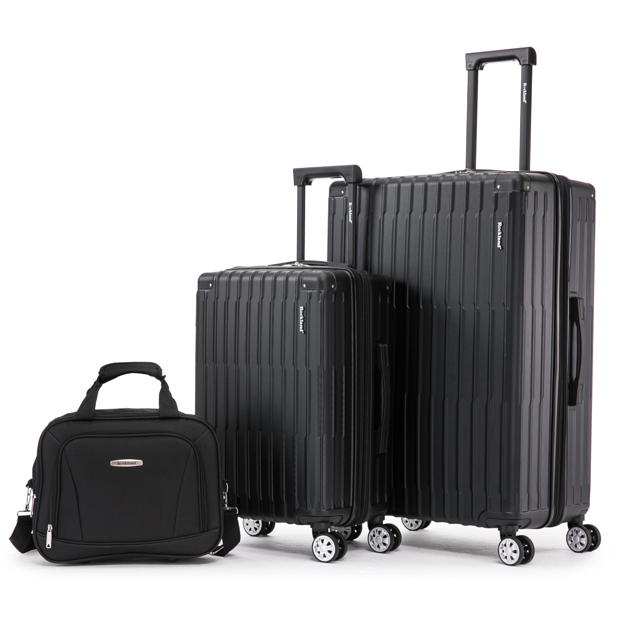 Rockland Huntington 3 PC Luggage Set, 2 PC Hard Case Upright Luggages with Spinner Wheels and a 14" Polyester Tote Bag, Black, (14" Tote, 20", 28")