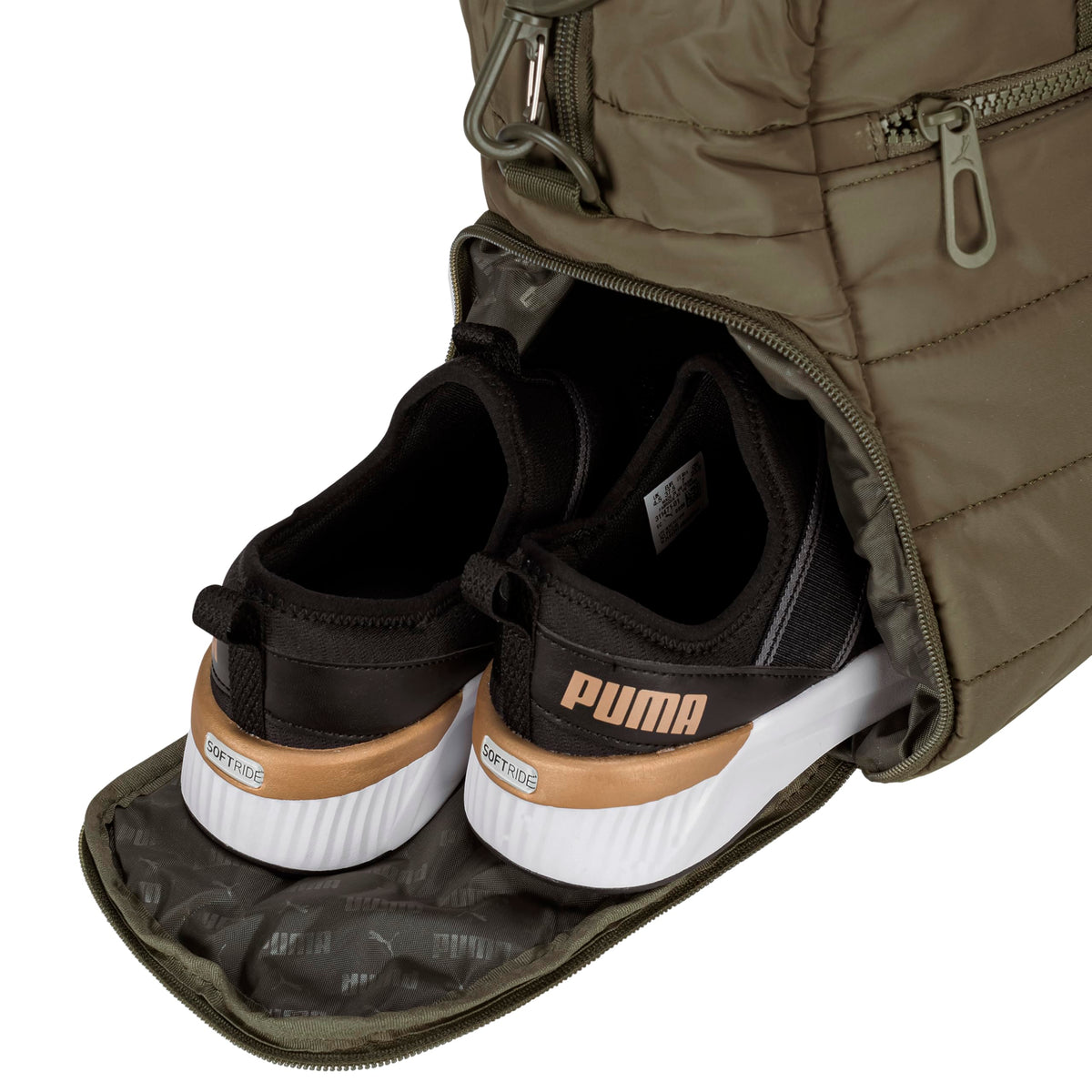 PUMA Isla Carryall, Trendy Weekender with Shoe Pocket, Removable Strap & Quilted Style, Loden Green