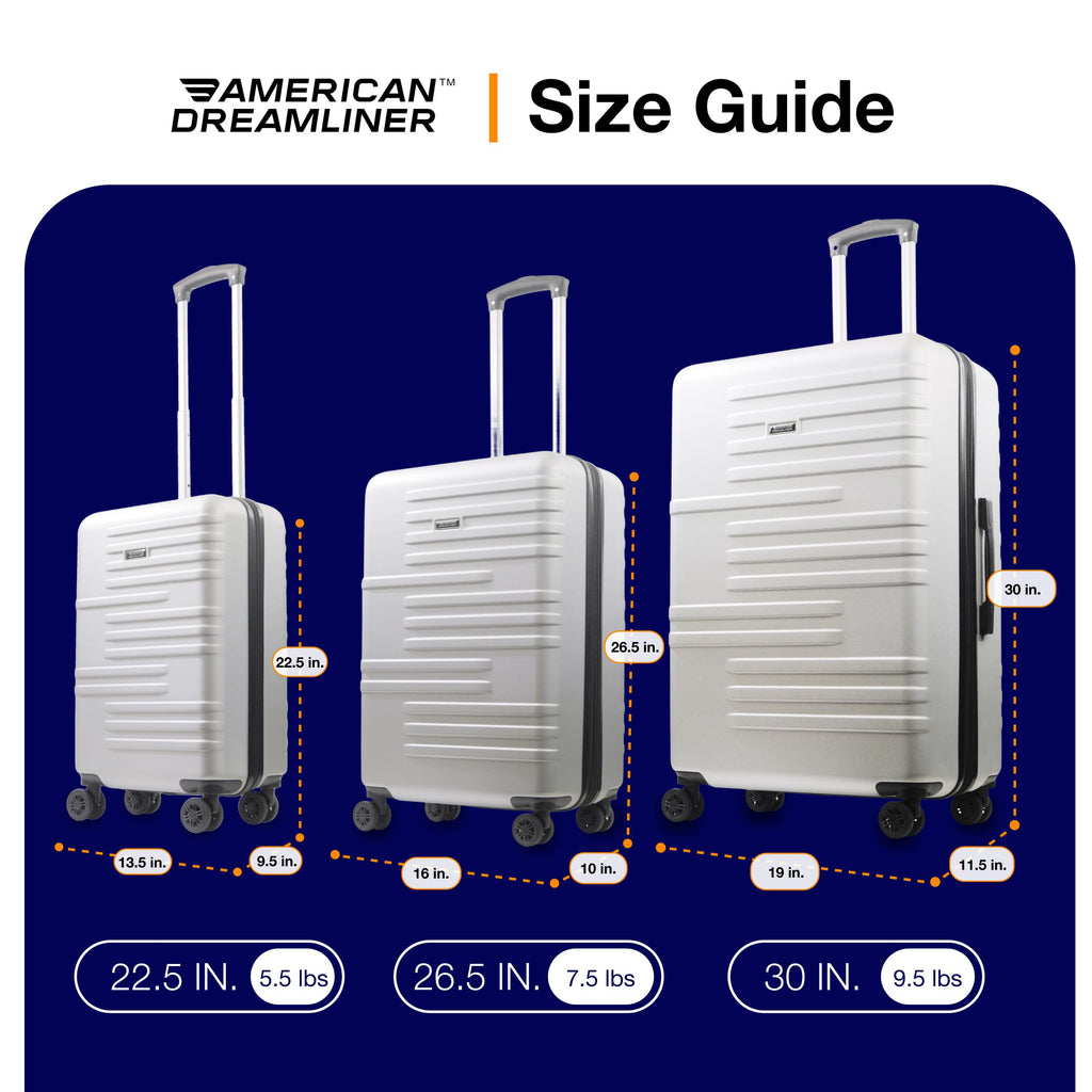 American Dreamliner 3 Piece Set Rolling Luggage, Hardshell Suitcases with Spinner Wheels, 22.5, 26.5, and 30 Inch, Silver Grey