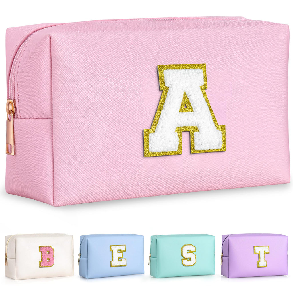 TOPEAST Easter Basket Stuffers Gifts for Kids Girls - Initial Makeup Bag, Birthday Gifts for 4 5 6 7 8 9 10 11 12 Year Old Teen Girls, Personalized Preppy Cosmetic Bags Toiletry Bag (Pink A)