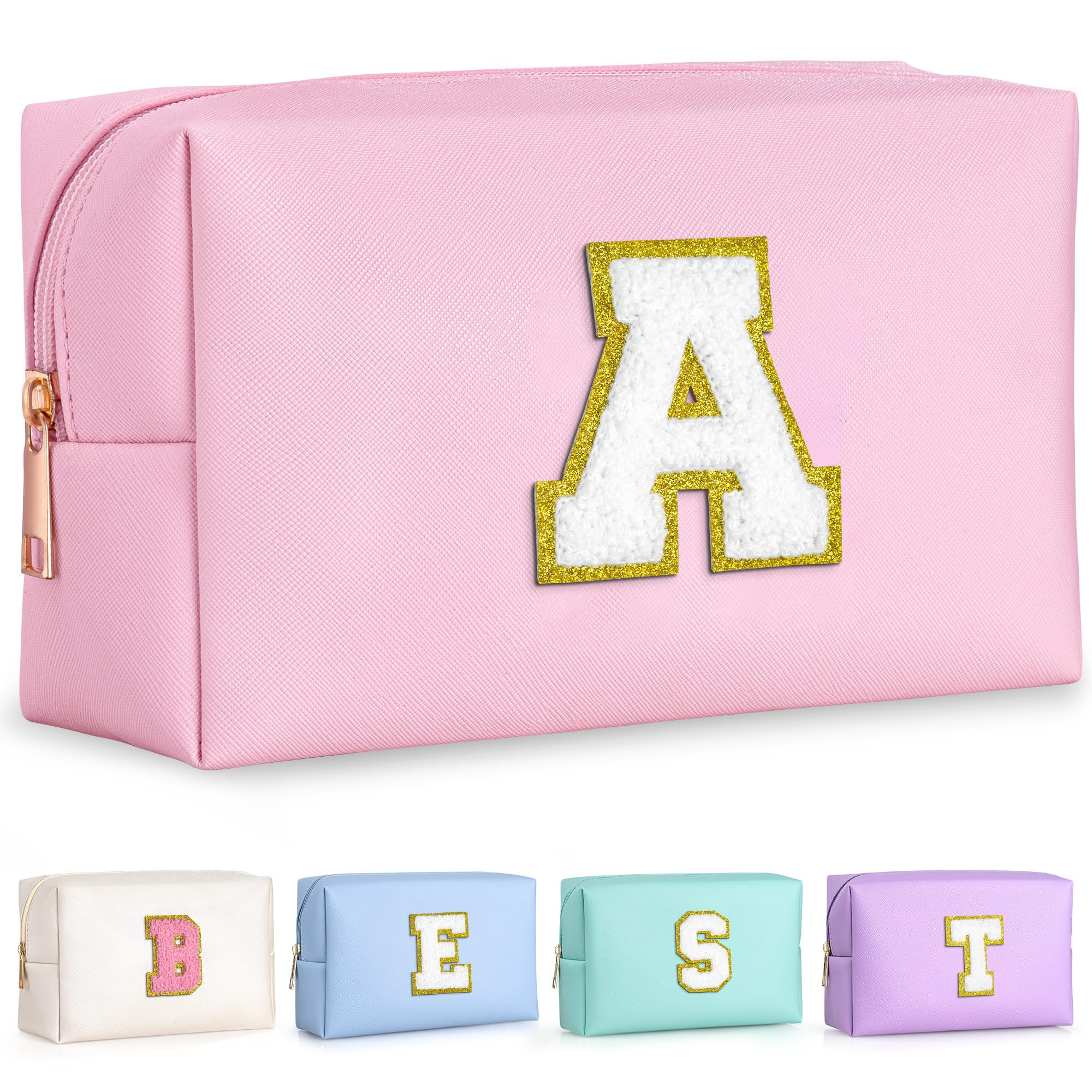 TOPEAST Easter Basket Stuffers Gifts for Kids Girls - Initial Makeup Bag, Birthday Gifts for 4 5 6 7 8 9 10 11 12 Year Old Teen Girls, Personalized Preppy Cosmetic Bags Toiletry Bag (Pink A)