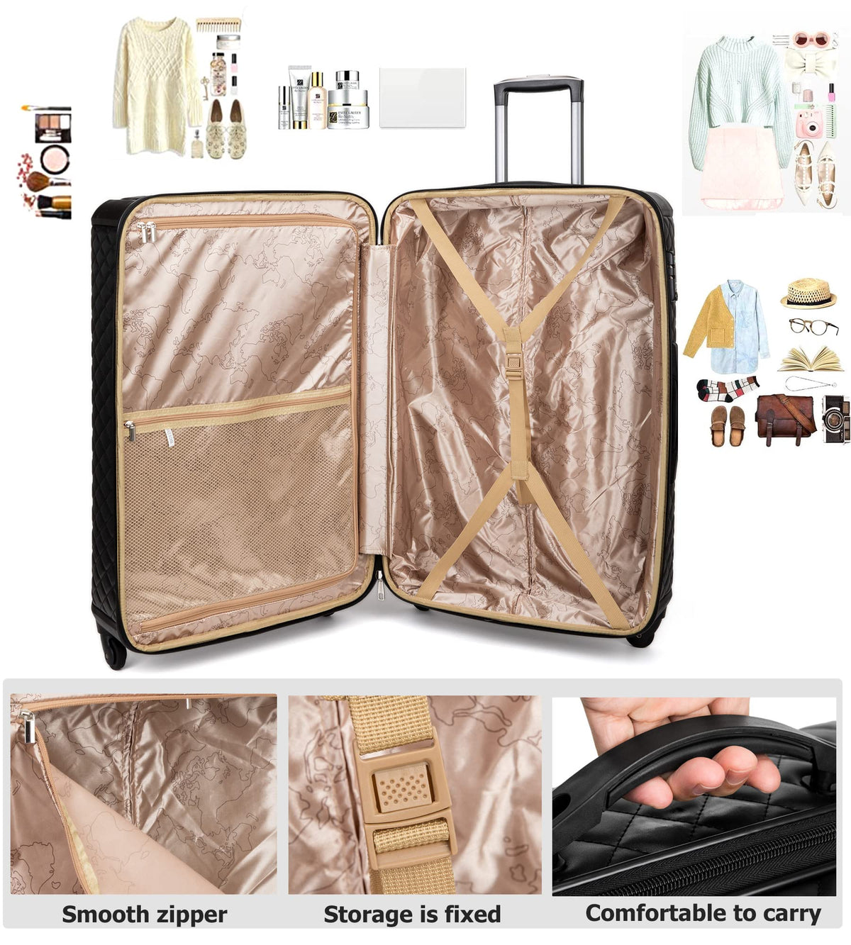 feilario Plaid PU Leather Softshell Luggage Set - 4-Piece Expandable Suitcases with Spinner Wheels - Includes Large Travel Bag, 20-Inch Carry On, 24-Inch & 28-Inch Suitcases