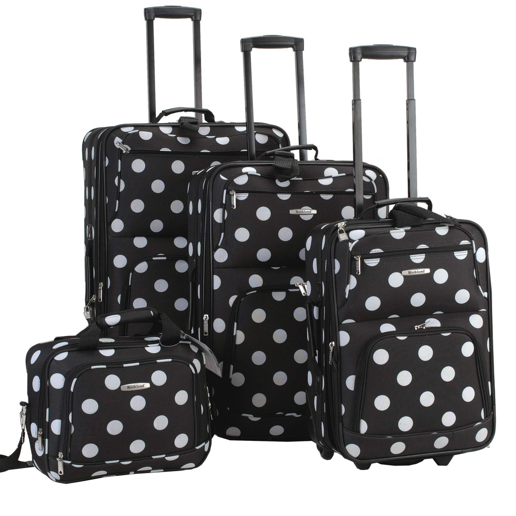 Rockland Polka Softside Upright Luggage Set, Expandable, Lightweight, Black Dot, 4-Piece (14/19/24/28)
