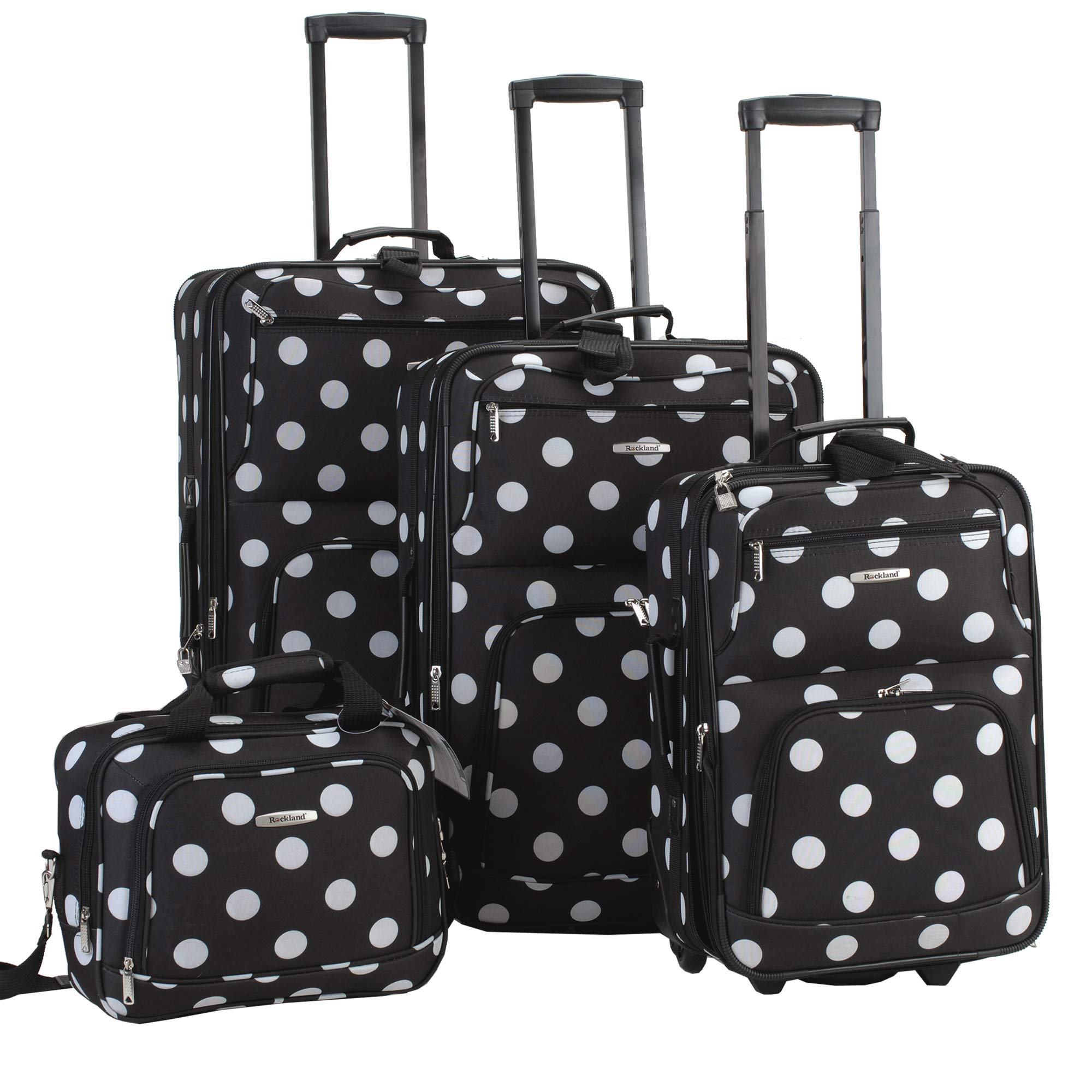 Rockland Polka Softside Upright Luggage Set, Expandable, Lightweight, Black Dot, 4-Piece (14/19/24/28)