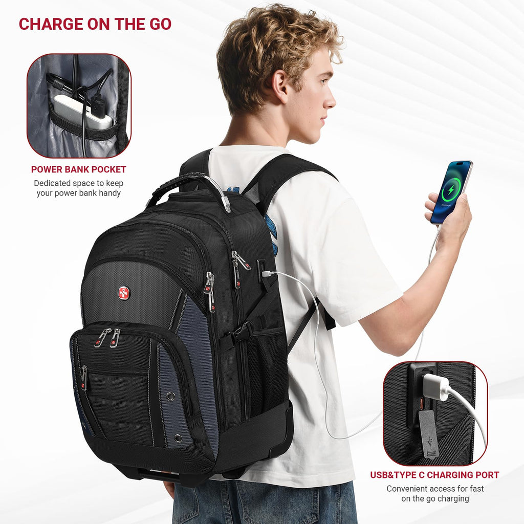star cloud Rolling Backpack with Wheels, USB & Type-C Charging Port, 21x14x9 Water Resistant Wheeled Backpack, 17.3" Roller Laptop Backpack, Carry On Luggage for Business Travel College Work Bag
