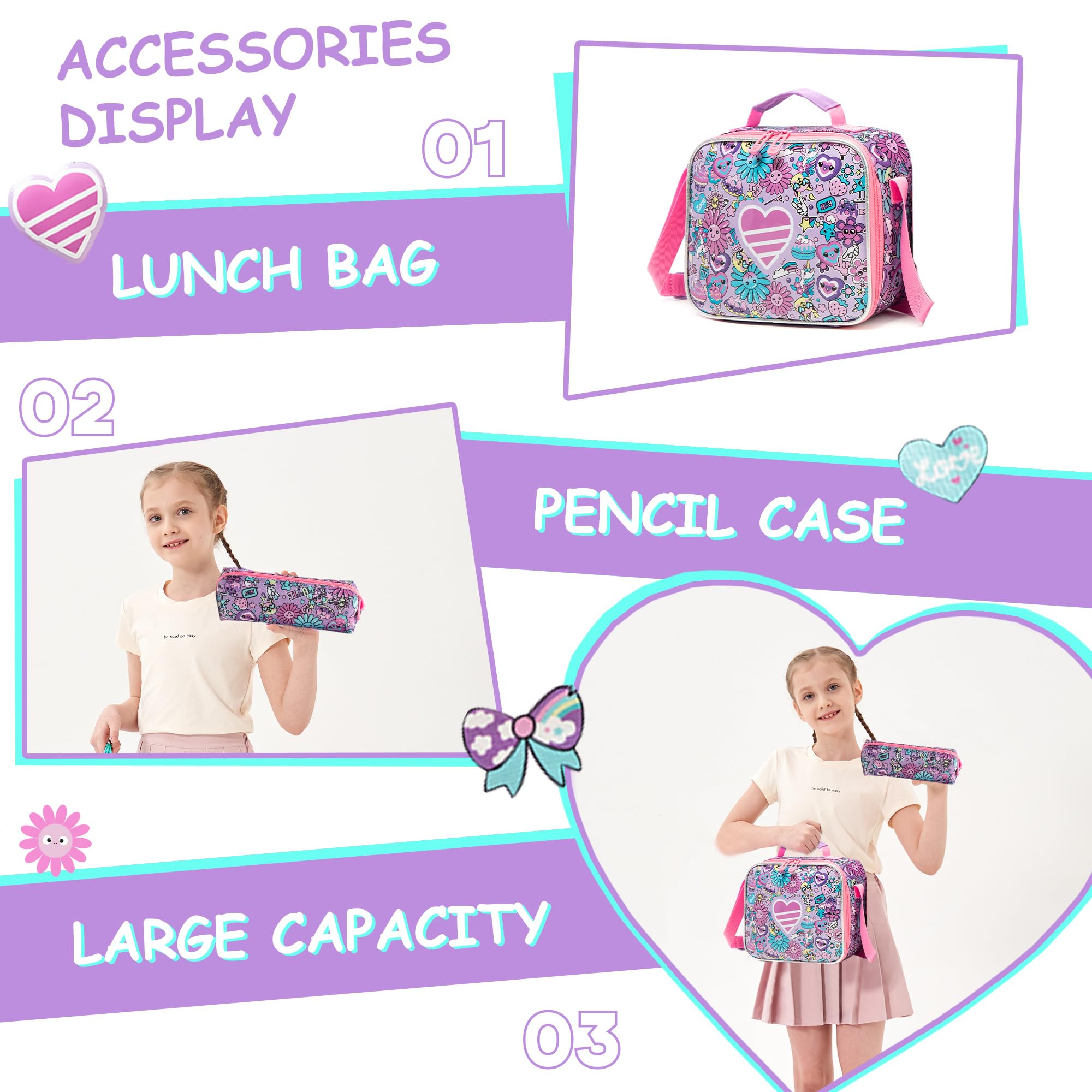 Meetbelify Kids Rolling Backpack with Wheels for Girls Rolling Backpacks with Lunch Box for Elementary School Students 3 in 1 Travel Luggage Suitcase for Girls Age 8-10