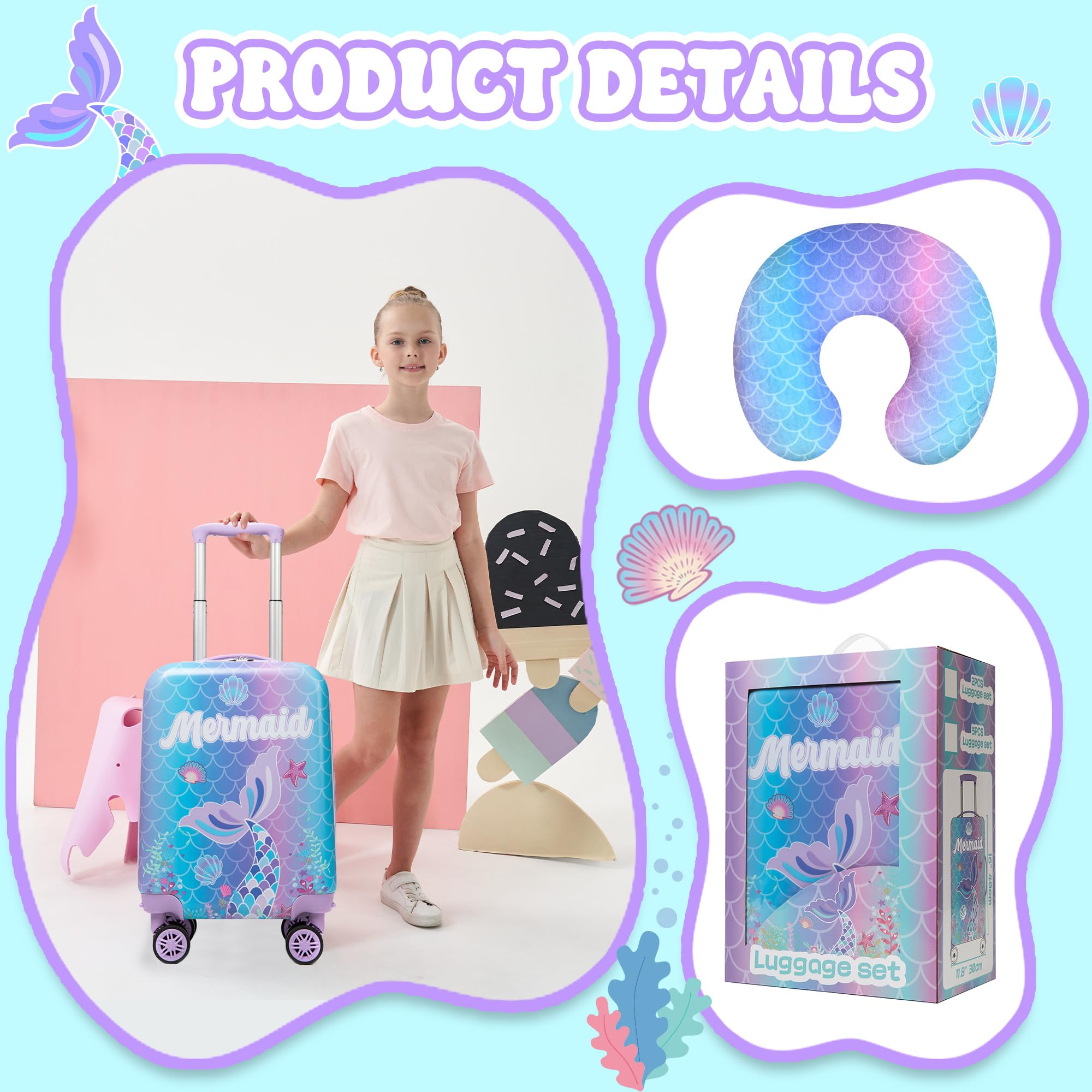 Inprof 3-Piece Luggage Set: 16'' Hardside Spinner Wheels Kids Carry On Suitcase, Duffle Bag, Neck Pillow & Free Luggage Tag - Pink, Mermaid Pattern