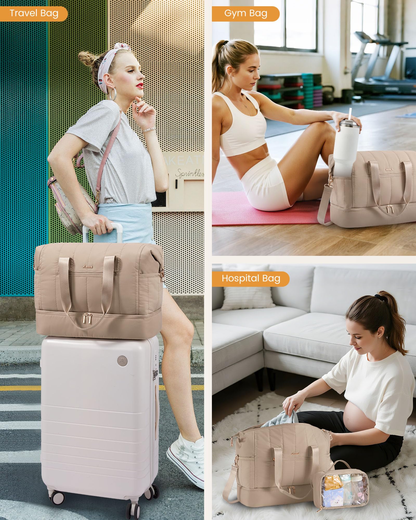LOVEVOOK Travel Duffle Bag,Puffer Weekender Bags For Women with Shoe Compartment,42L Carry On Duffel Bags For Airplanes,Hospital Bag for Labor and Delivery,Overnight Bsg With Toiletry,2Pcs Set