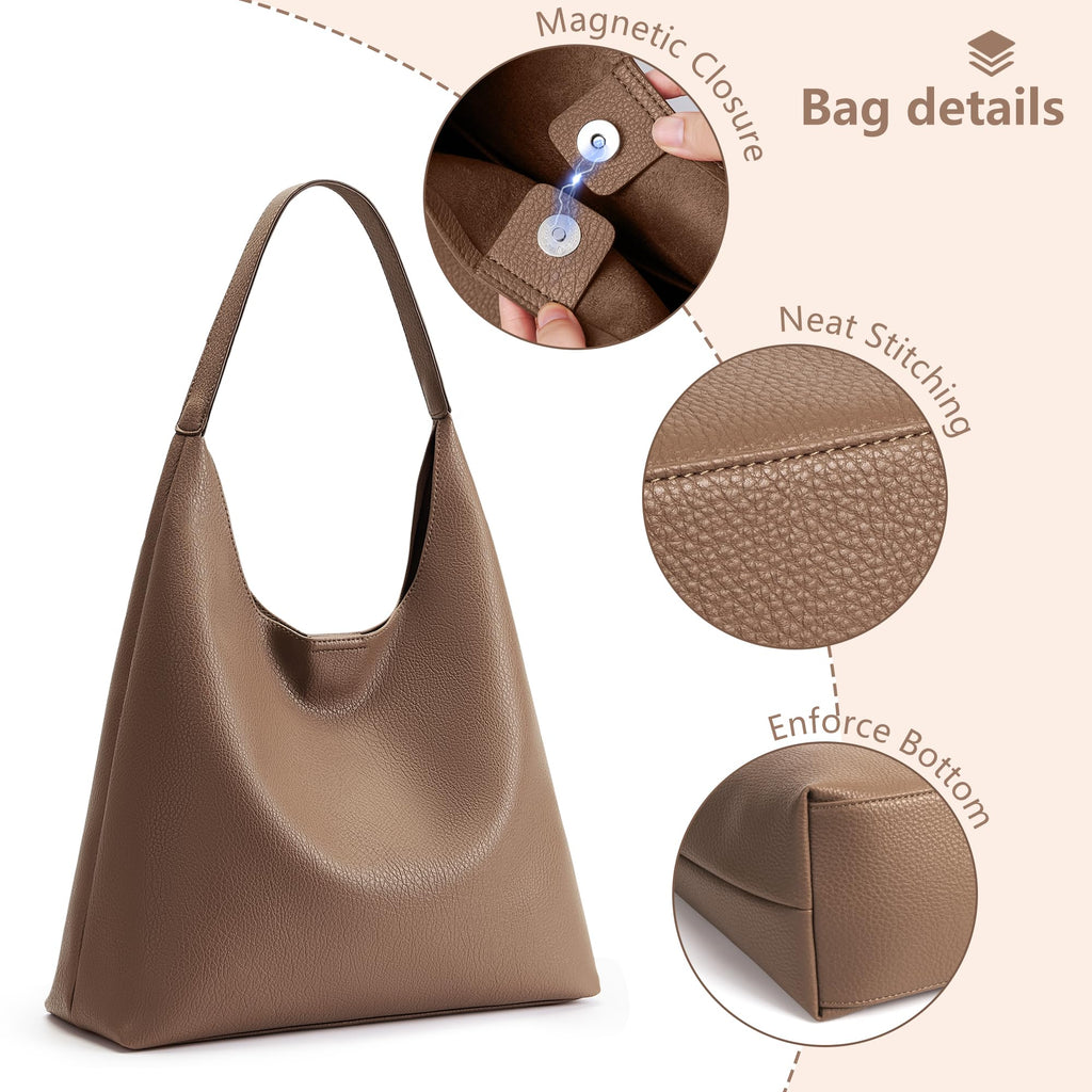 KALIDI Slouchy Hobo Bag Vegan Leather Suede Tote Bag Weekender Shoulder for Women Casual Travel Purse, Coffee