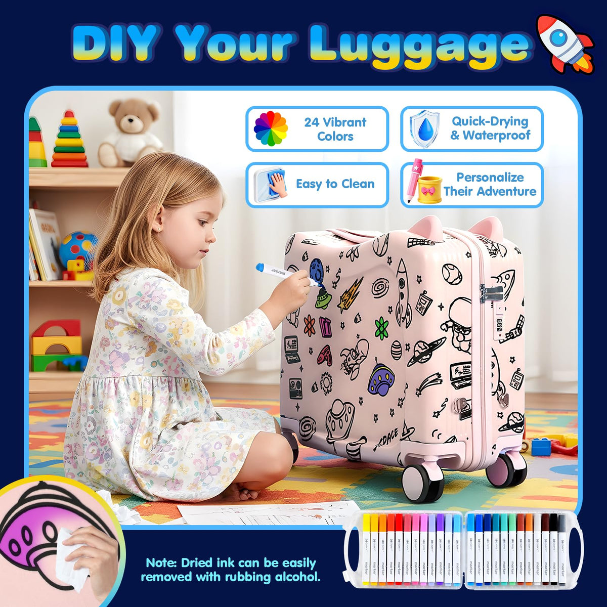Kids Ride-On Suitcase with Cute Ears, DIY Graffiti Coloring Design, 20" Carry-On Luggage with 4 Spinner Wheels, Pull Rope & Combination Lock – Rideable Travel Case for Toddlers & Children(Pink)