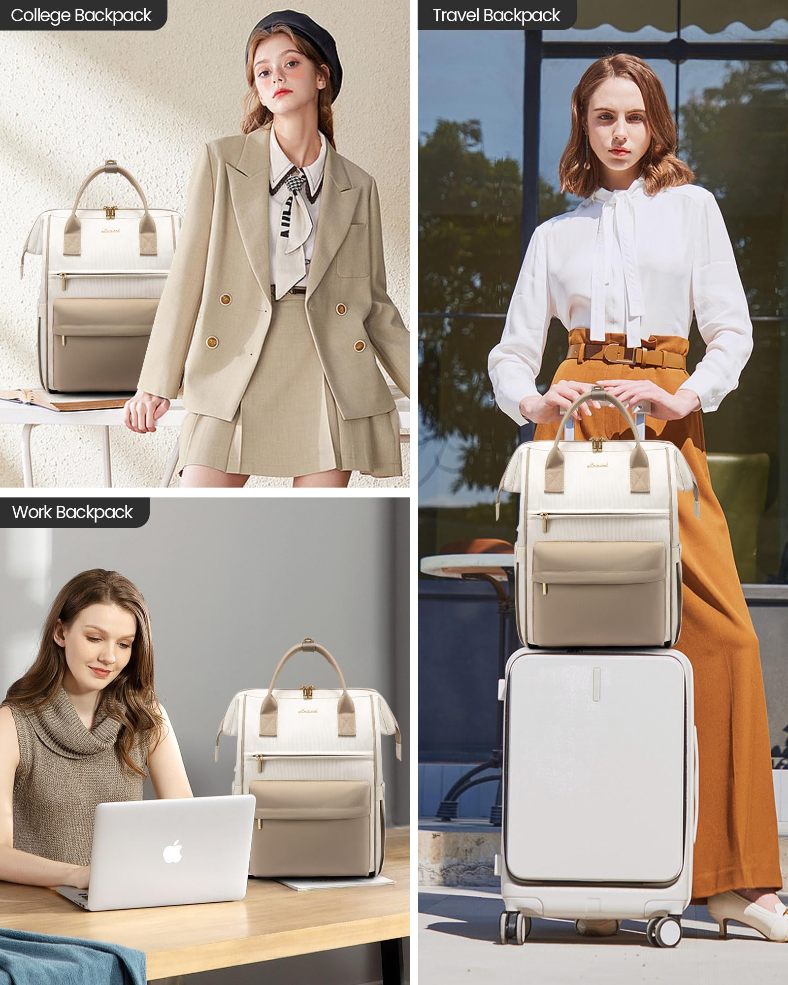 LOVEVOOK Laptop Backpack for Women 15.6 Inch, Travel Backpack with USB Charging Port Large Capacity Laptop Bag, Waterproof Bag for Business College Airline Approved Work Backpack(Beige)