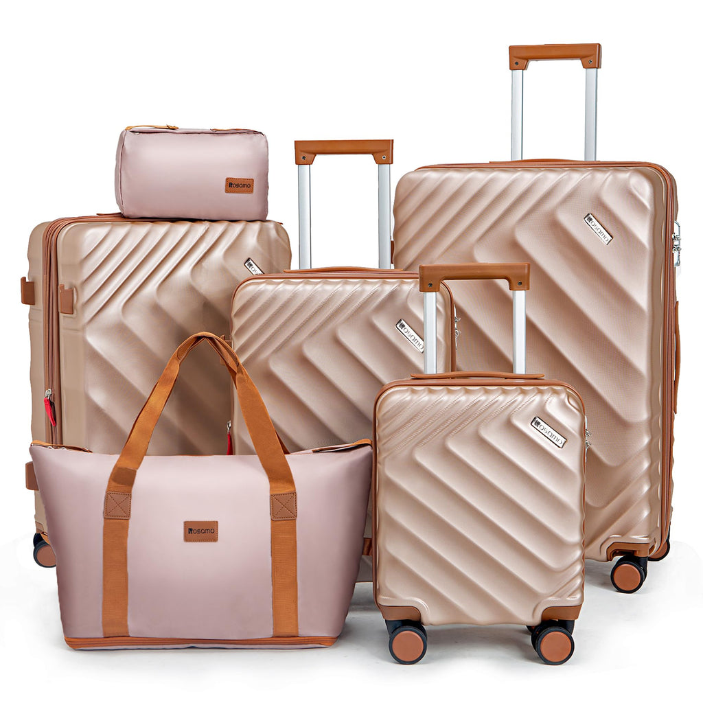 Rosamo 6 piece Luggage Set Expandable Suitcase 22x14x9 Airline Approved Carry on, ABS Hard Case Suitcases with Spinner Wheels, TSA Lock, (Pink)