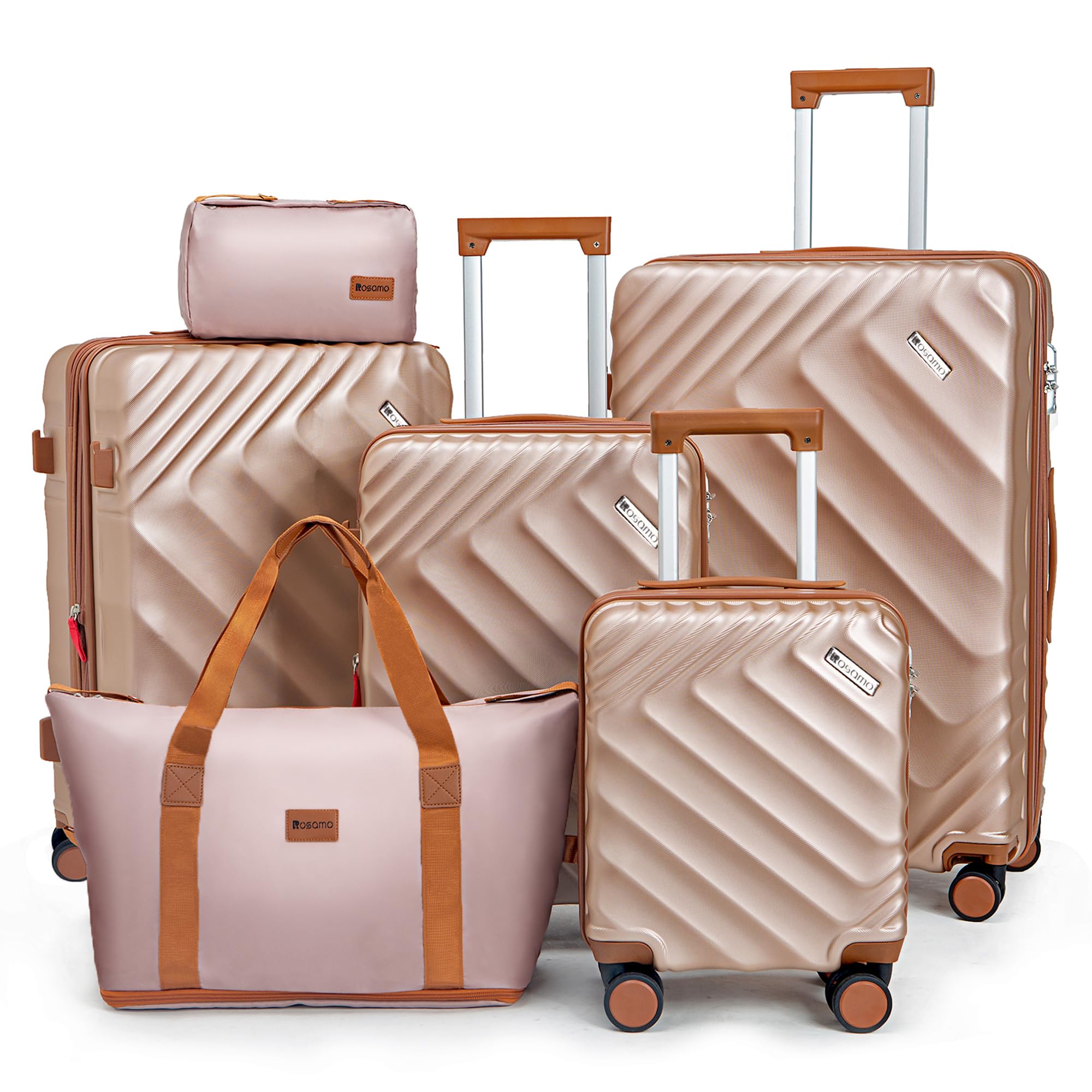Rosamo 6 piece Luggage Set Expandable Suitcase 22x14x9 Airline Approved Carry on, ABS Hard Case Suitcases with Spinner Wheels, TSA Lock, (Pink)