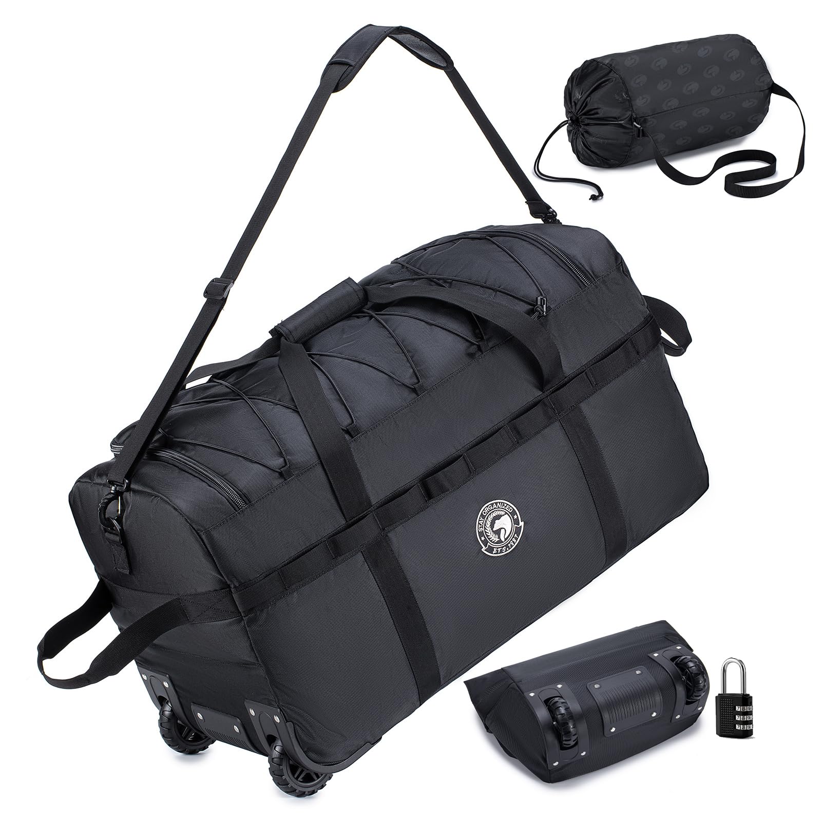 SUCIKORIO Foldable Travel Duffle Bag with Wheels and Handle Large 100L XL Rolling Travelling Duffel Bags Waterproof Oxford Carry On Hand Luggage Deployment Bag With Storage Bag & Combination Padlock